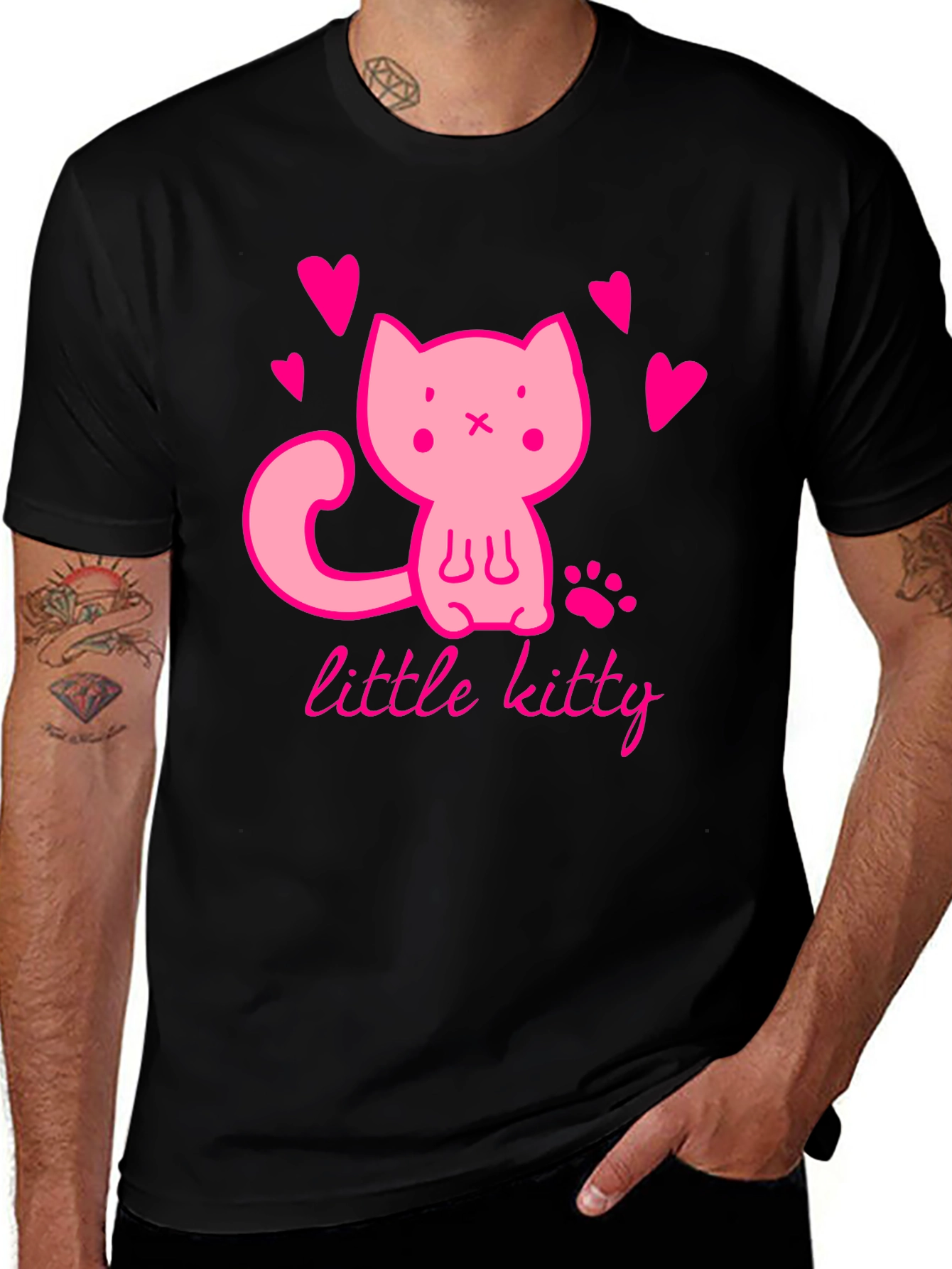 Cute Pink Kitten Black T-Shirt
