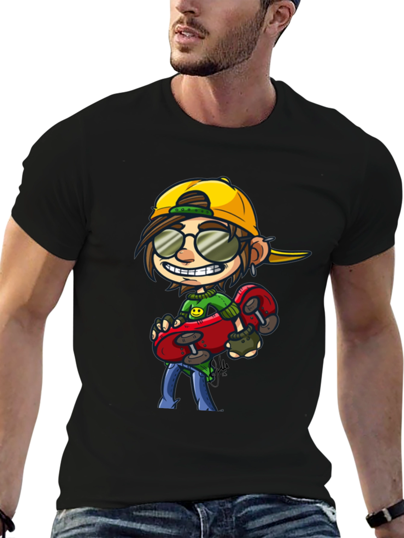 Skater Cartoon Graphic T-Shirt - Cool Black Tee