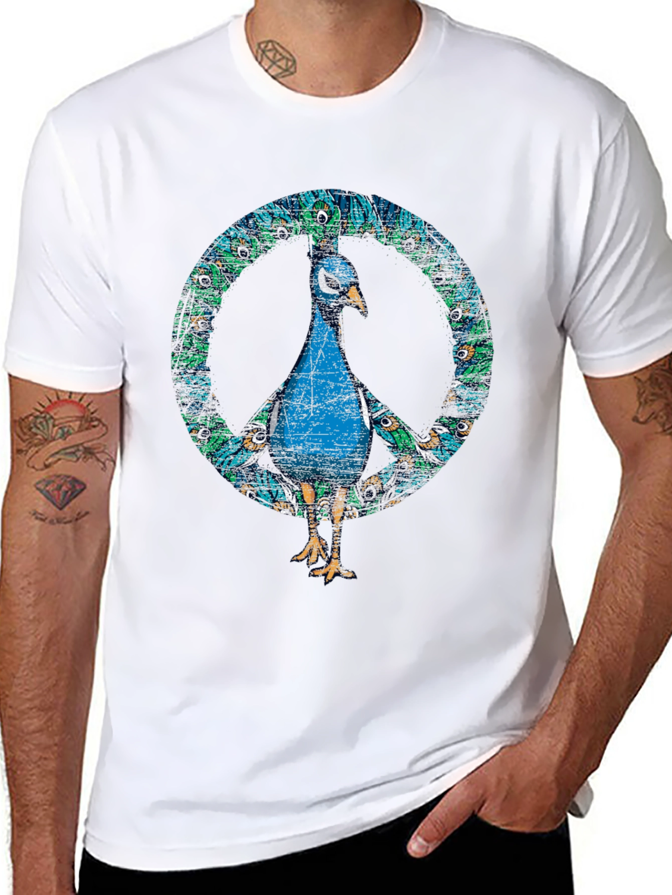 Peacock Peace Sign Graphic Tee - Stylish Comfort