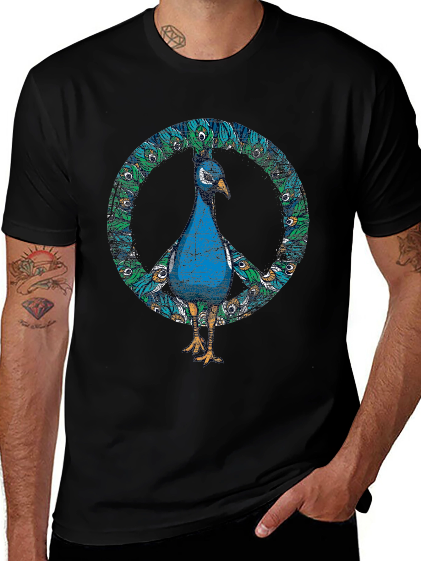 Peacock Peace Sign Graphic Tee - Stylish Comfort