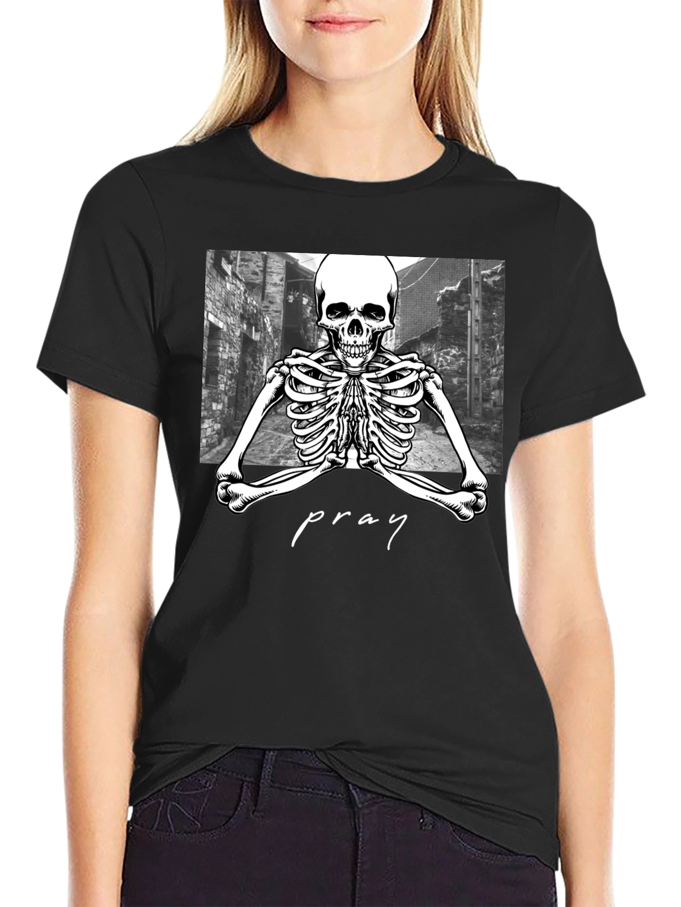 Praying Skeleton Graphic Tee - Stylish Streetwear
