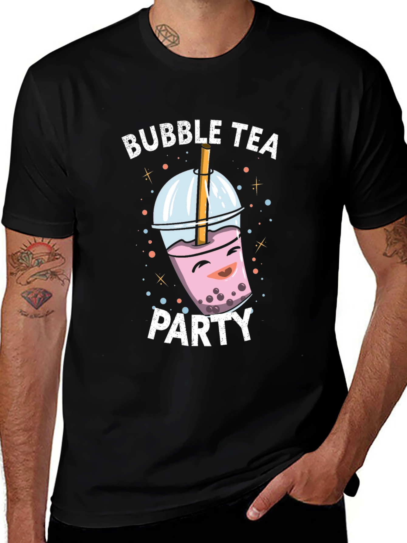 Bubble Tea Party Graphic Tee - Black Cotton T-Shirt