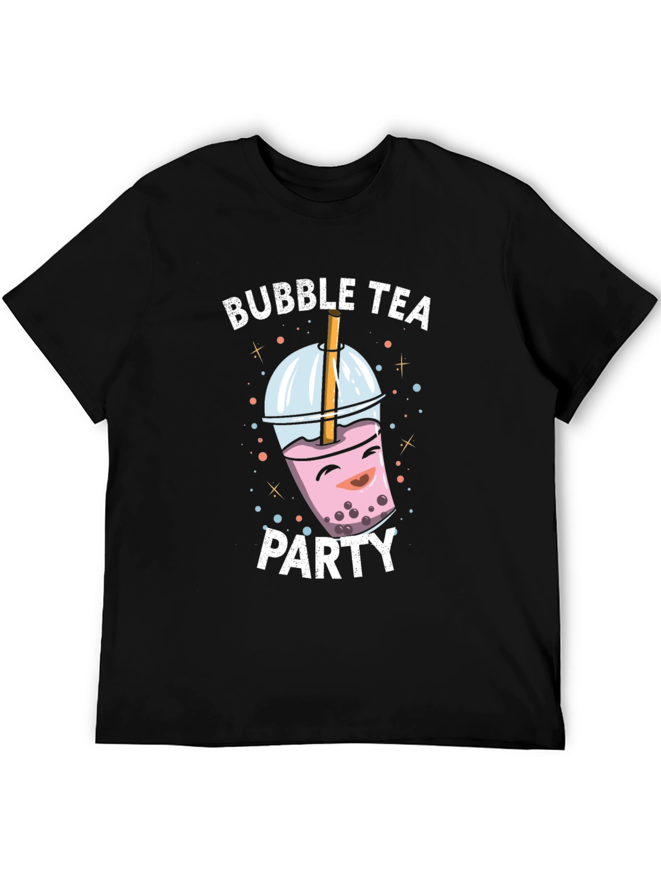 Bubble Tea Party Graphic Tee - Black Cotton T-Shirt