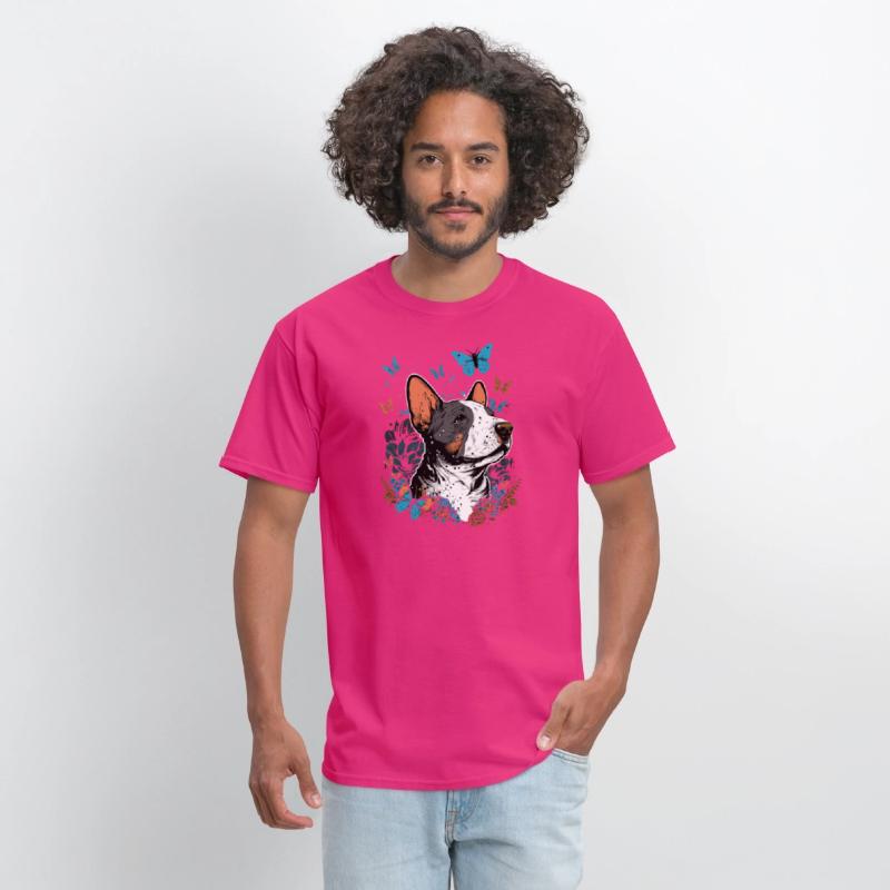 Happy bull terrier with flowers and butterflies