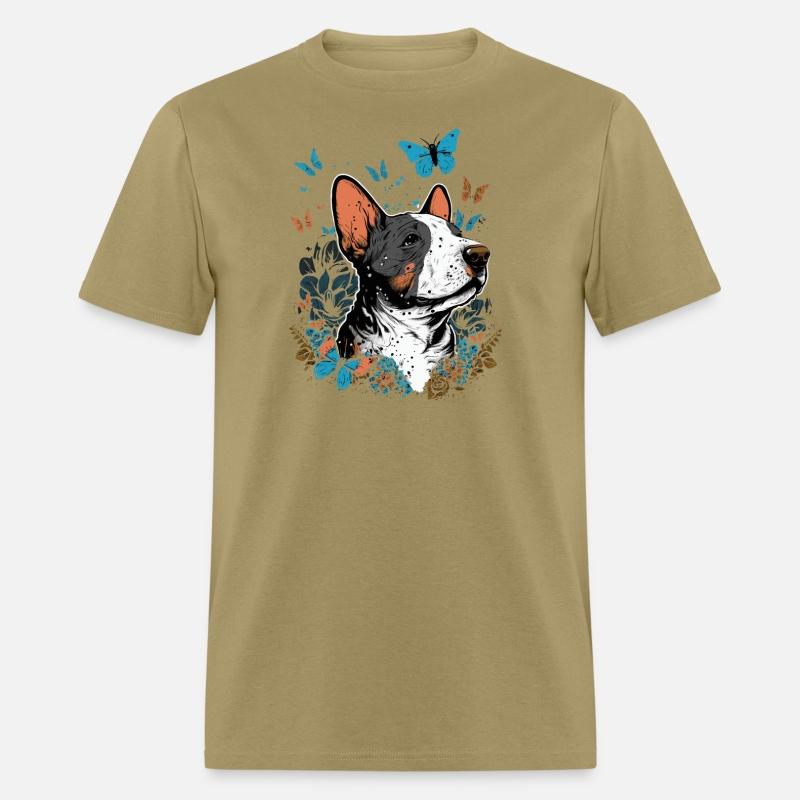 Happy bull terrier with flowers and butterflies