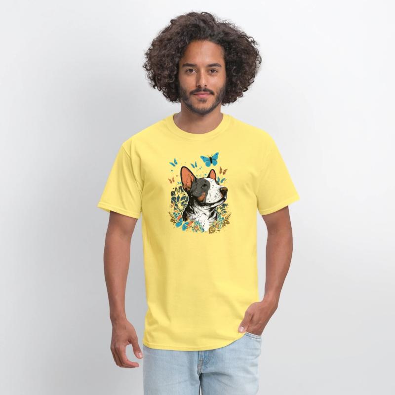 Happy bull terrier with flowers and butterflies