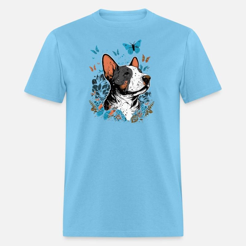 Happy bull terrier with flowers and butterflies