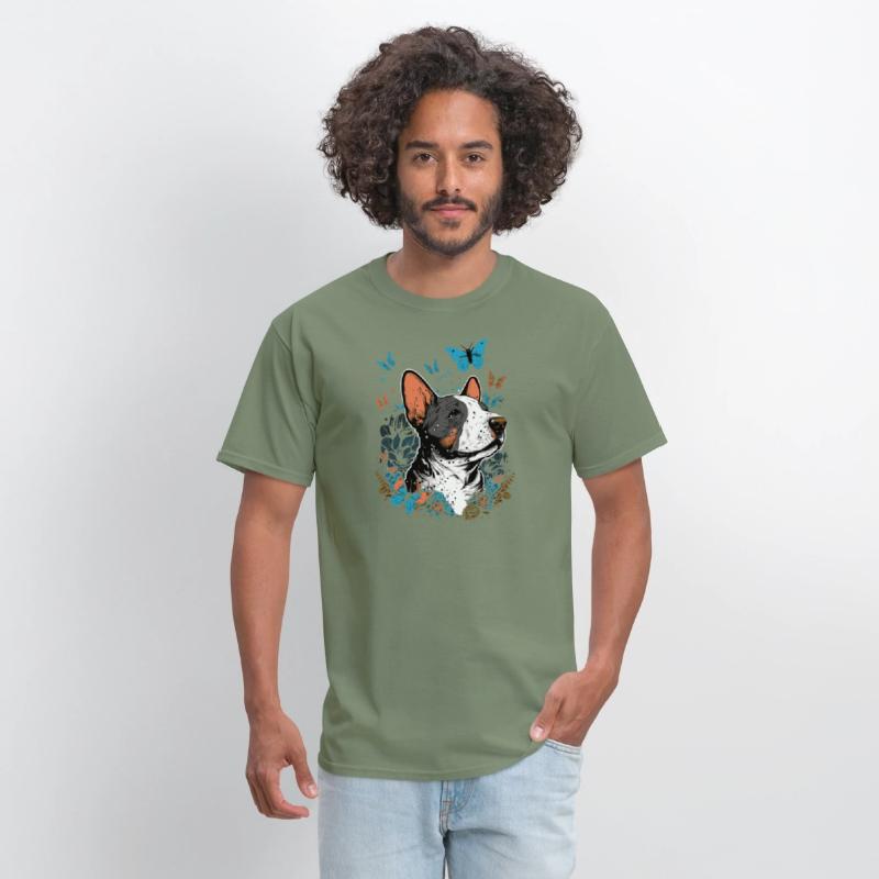 Happy bull terrier with flowers and butterflies