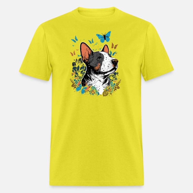 Happy bull terrier with flowers and butterflies