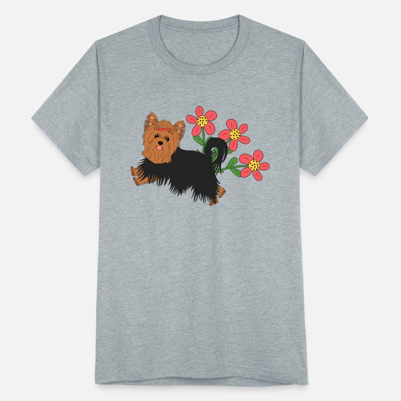 Happy Yorkshire Terrier And Flowers
