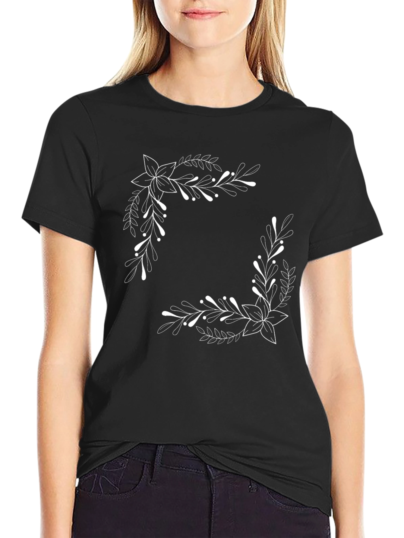 Floral Frame Black T-Shirt - Elegant & Stylish