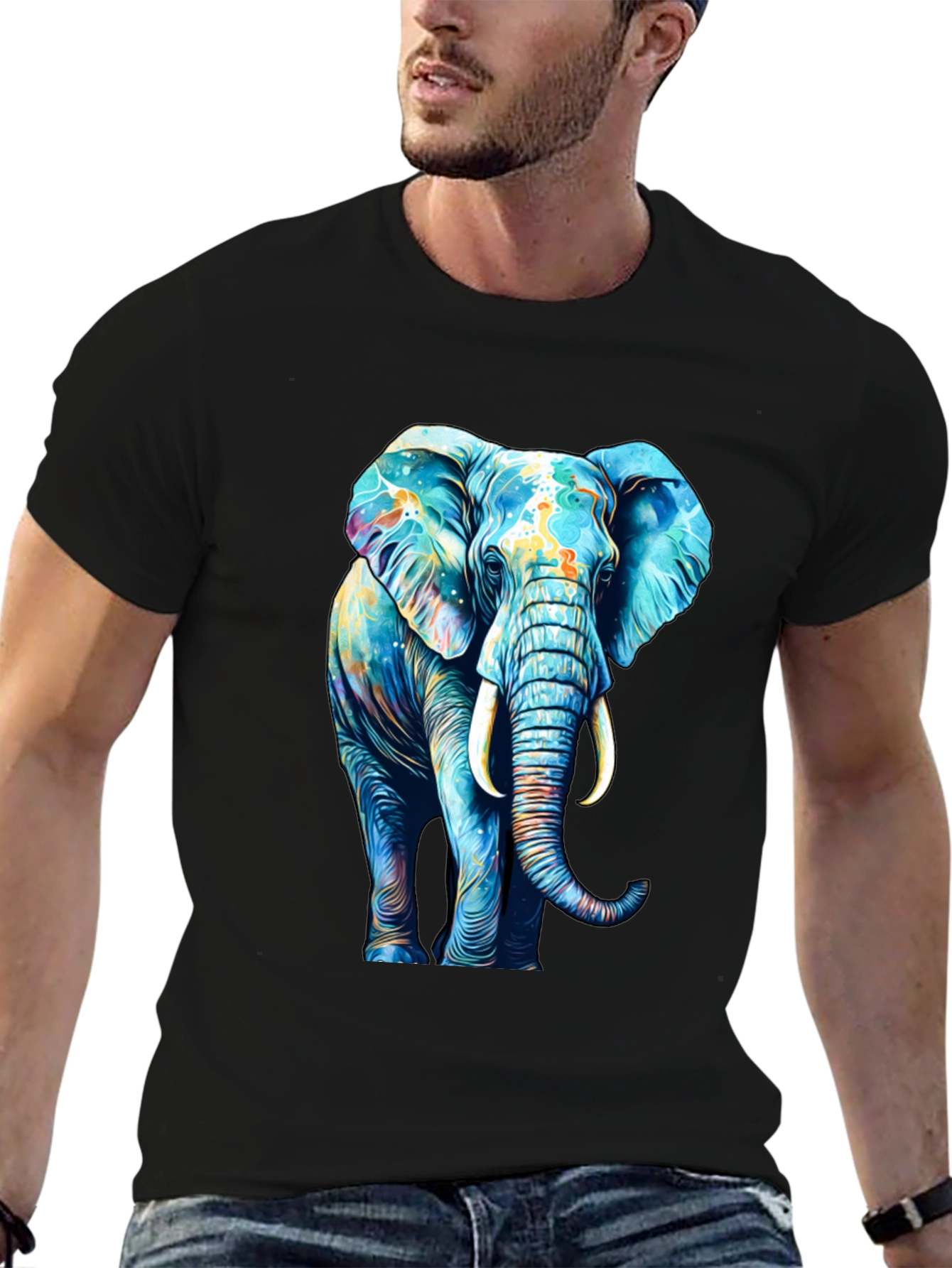 Vibrant Elephant Graphic Print Black T-Shirt