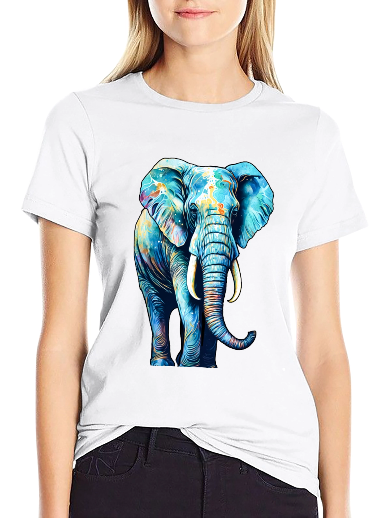 Vibrant Elephant Graphic Print Black T-Shirt