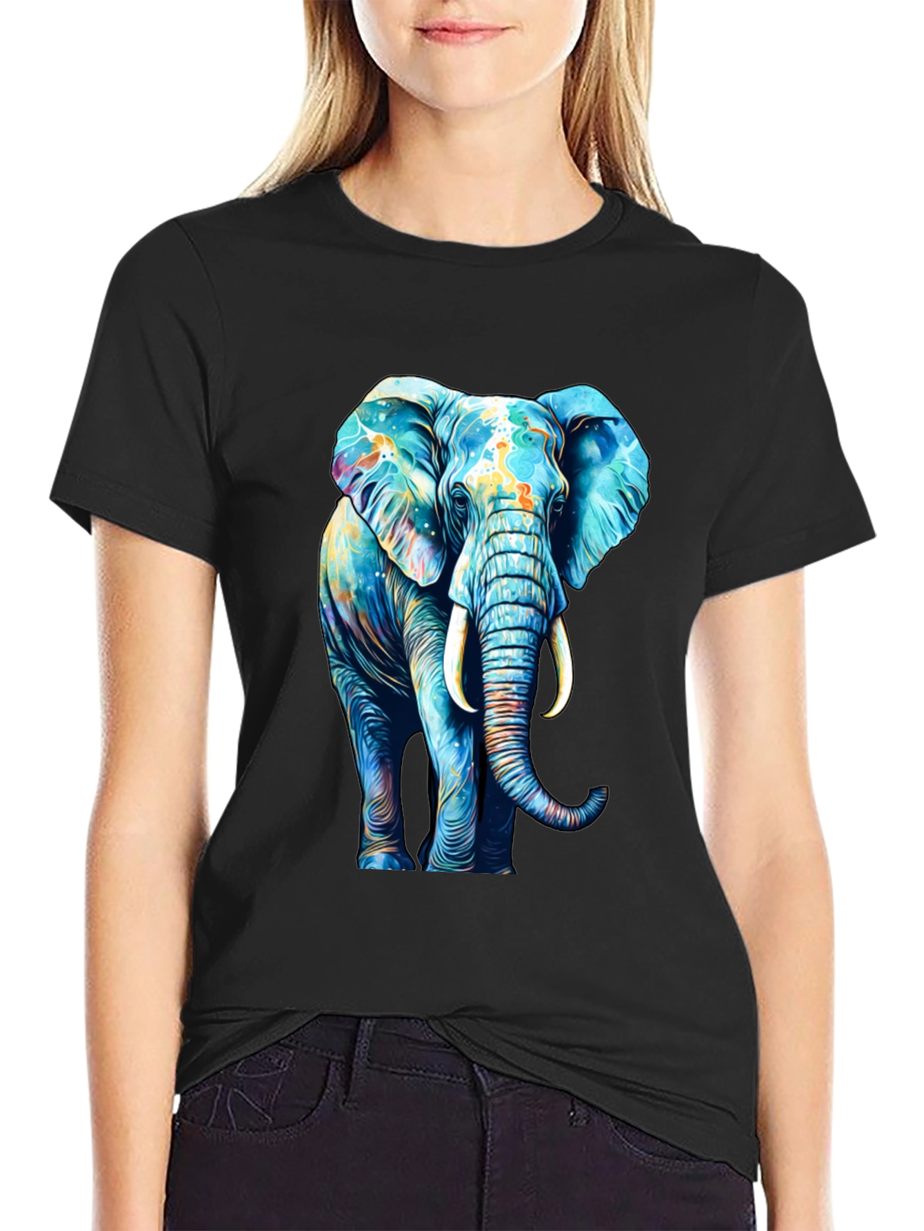 Vibrant Elephant Graphic Print Black T-Shirt