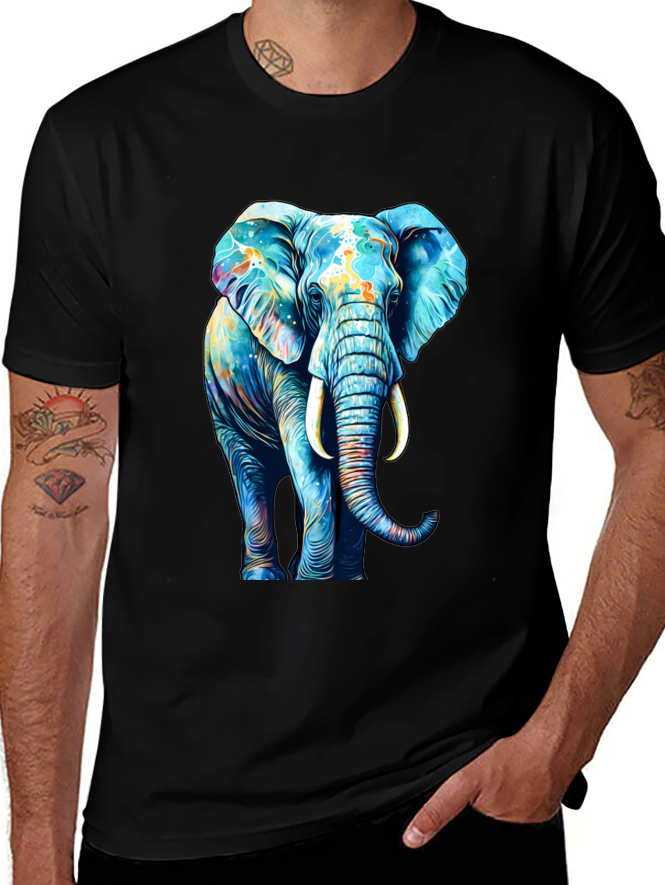 Vibrant Elephant Graphic Print Black T-Shirt