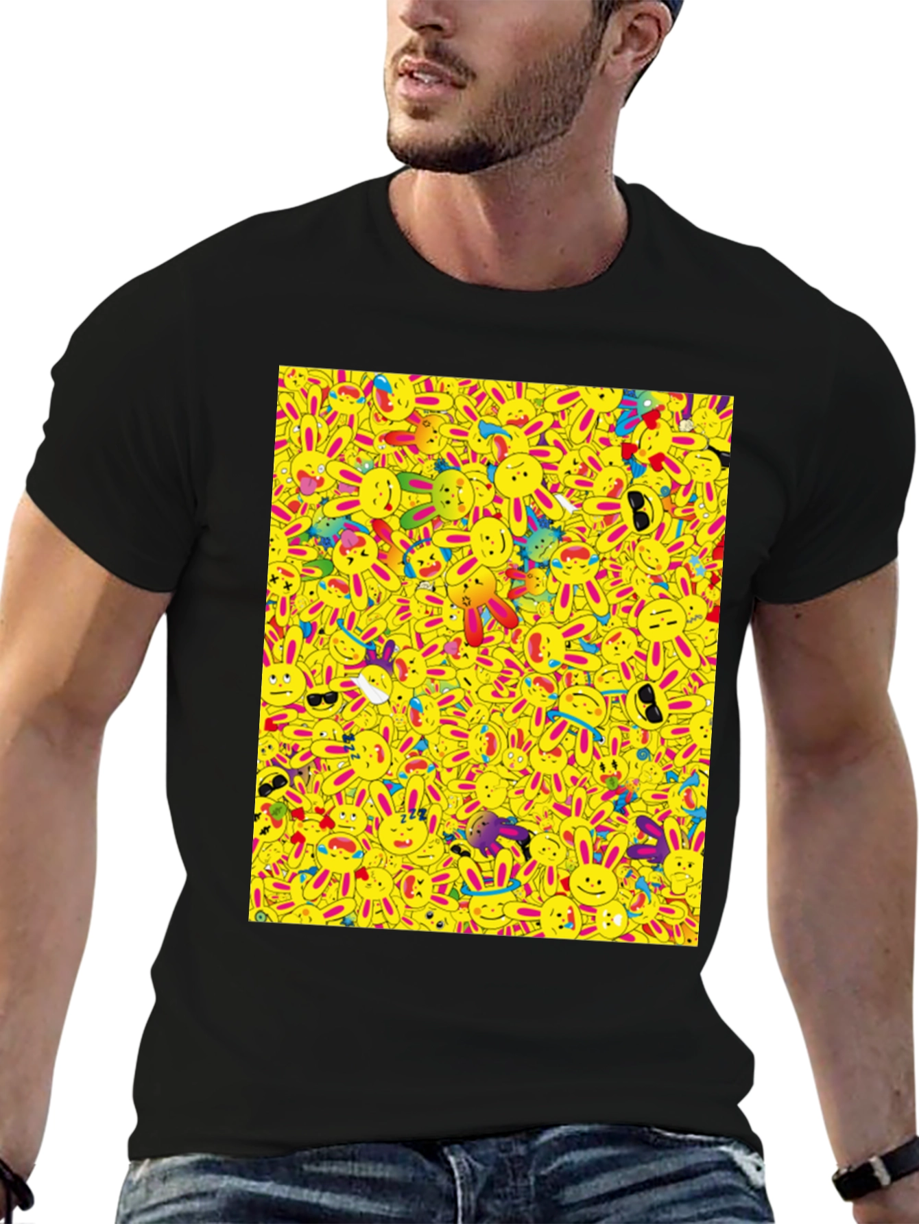 Novelty Cartoon Bunny Pattern Black T-Shirt