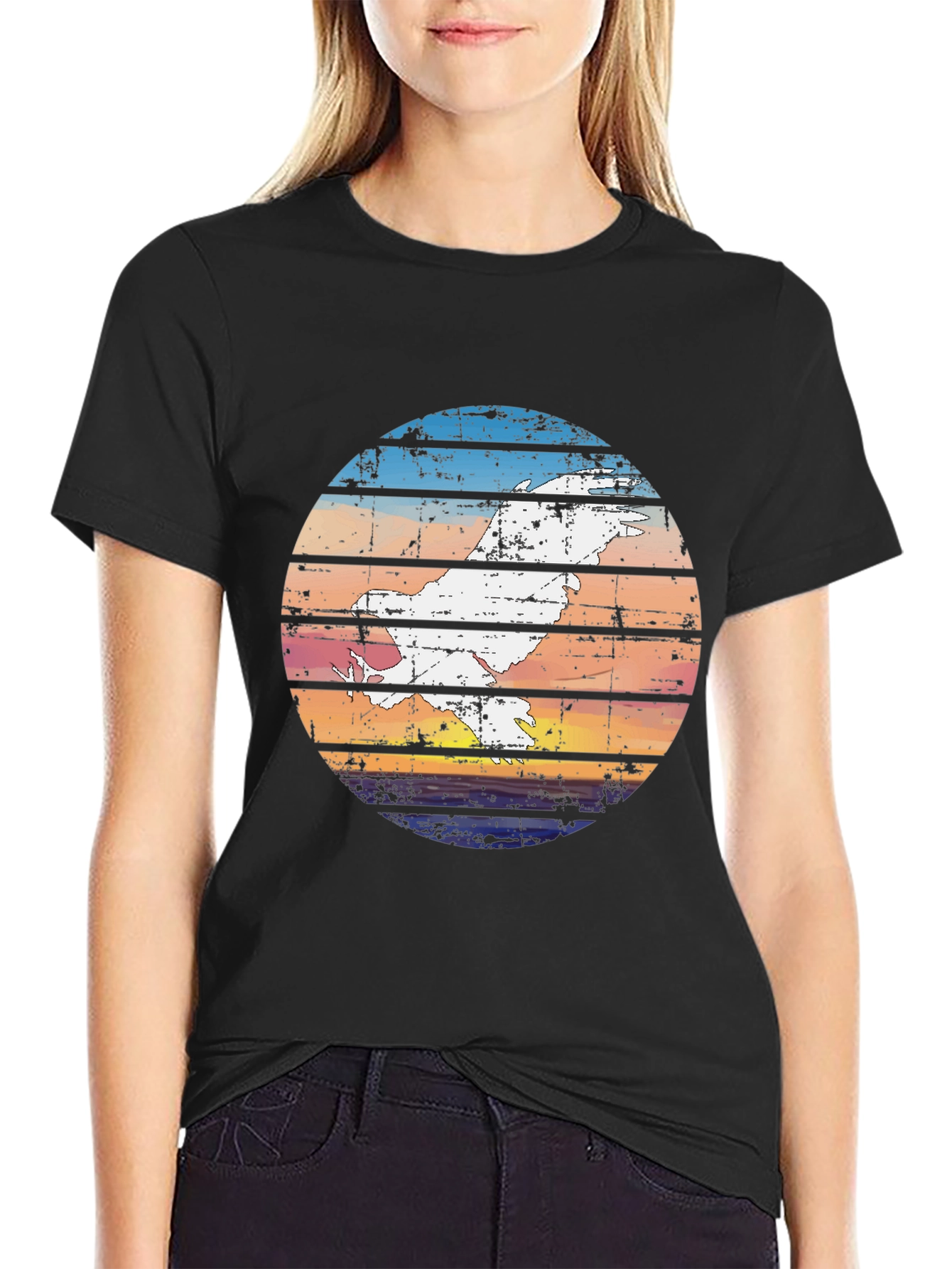 Retro Sunset Bird Graphic Tee - Black