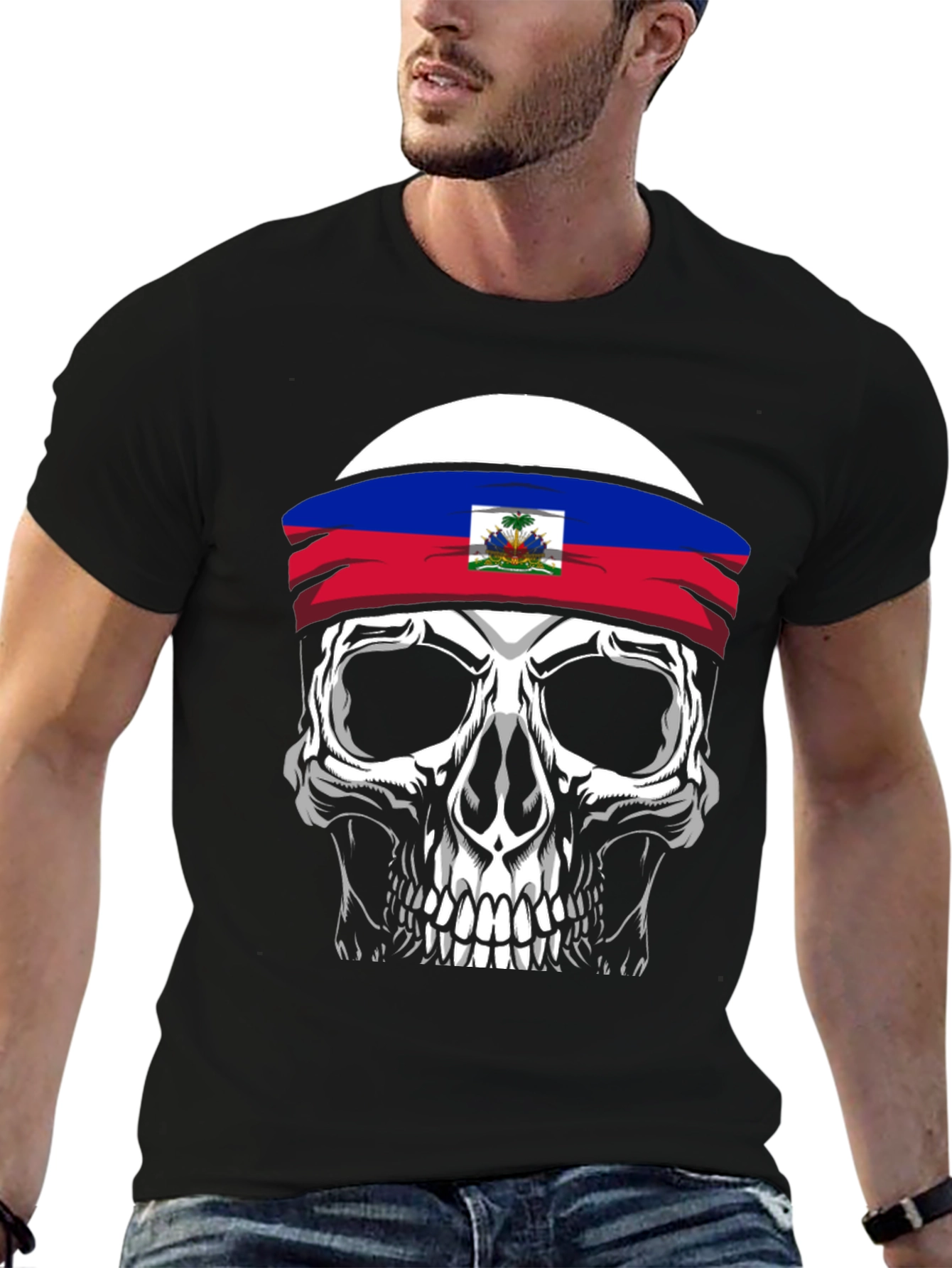 Haiti Flag Skull Graphic Tee - Mens Black T-Shirt