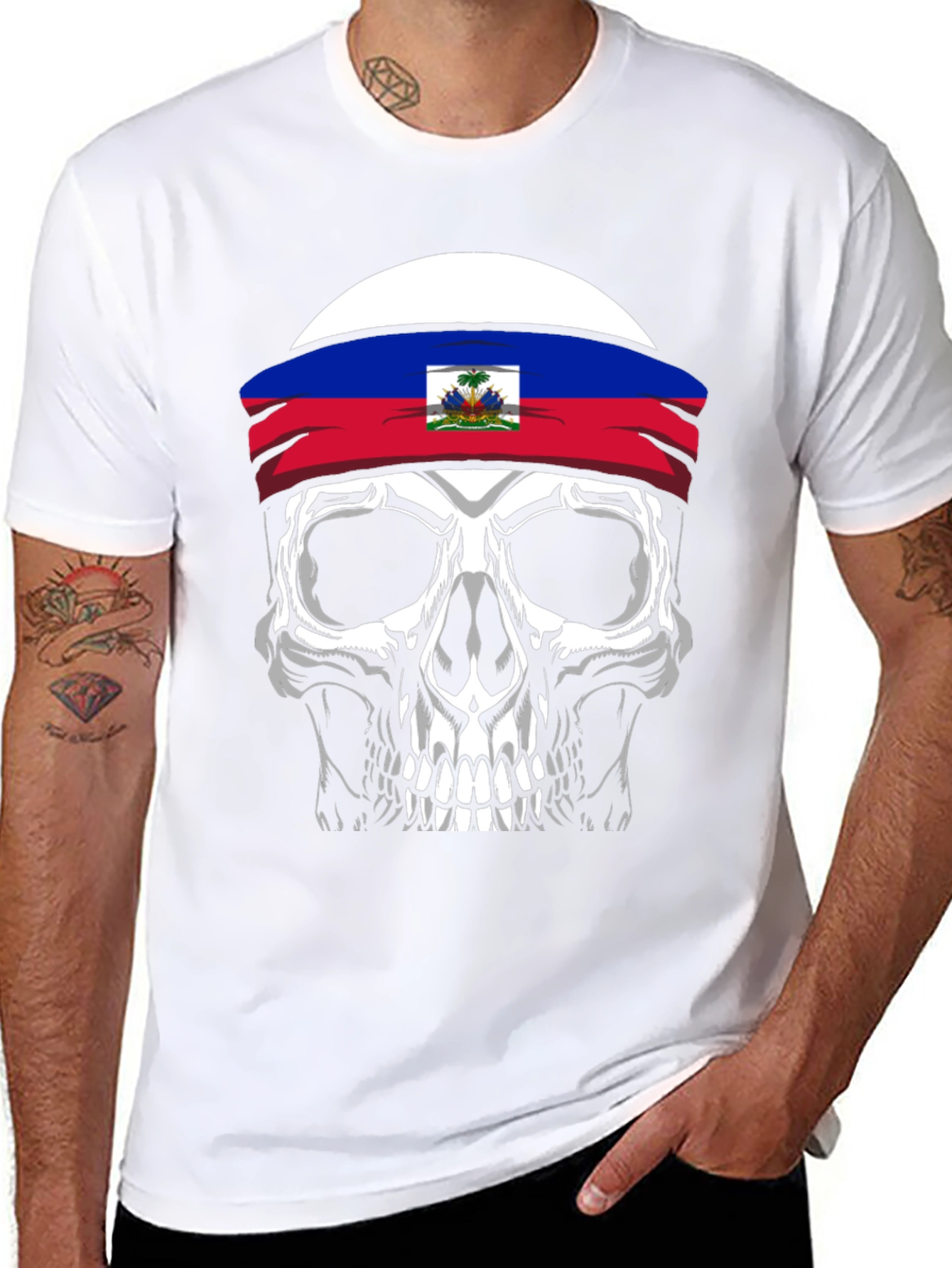 Haiti Flag Skull Graphic Tee - Mens Black T-Shirt