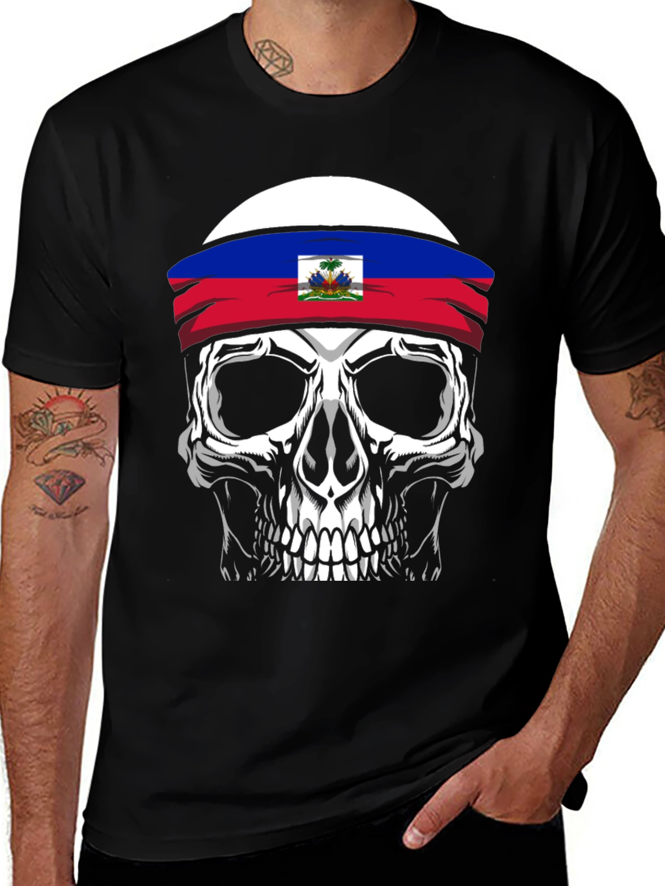 Haiti Flag Skull Graphic Tee - Mens Black T-Shirt