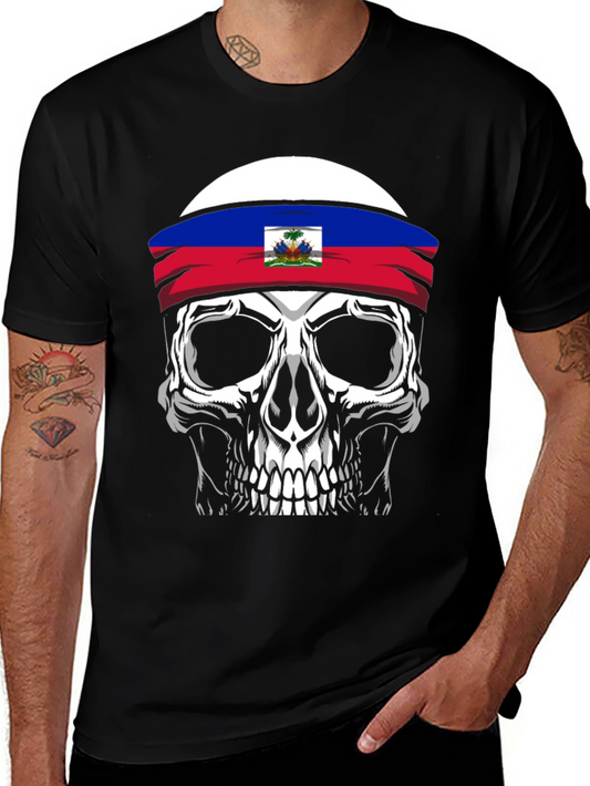 Haiti Flag Skull Graphic Tee - Mens Black T-Shirt