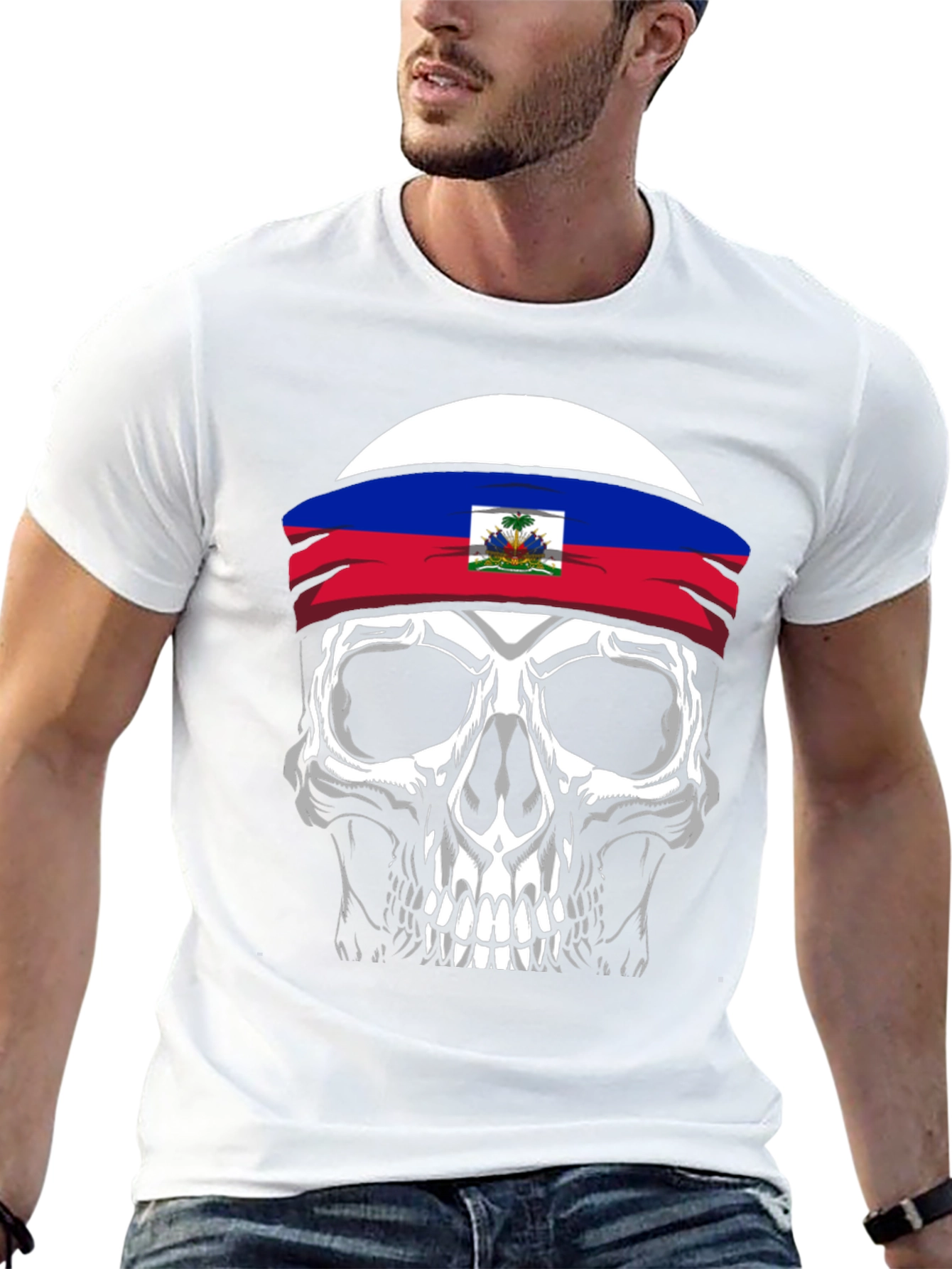 Haiti Flag Skull Graphic Tee - Mens Black T-Shirt