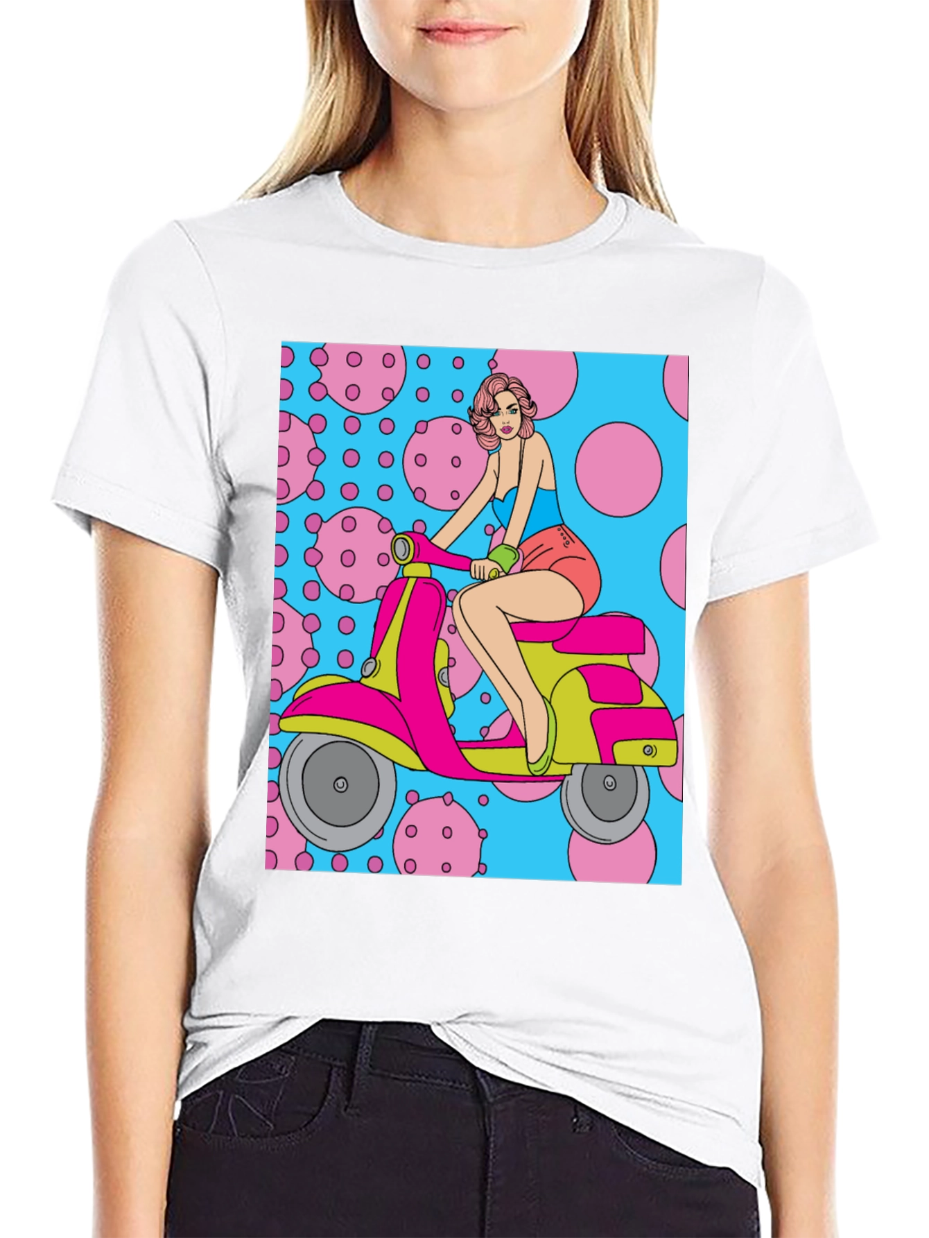 Retro Scooter Girl T-Shirt - Funky Pop Art Tee