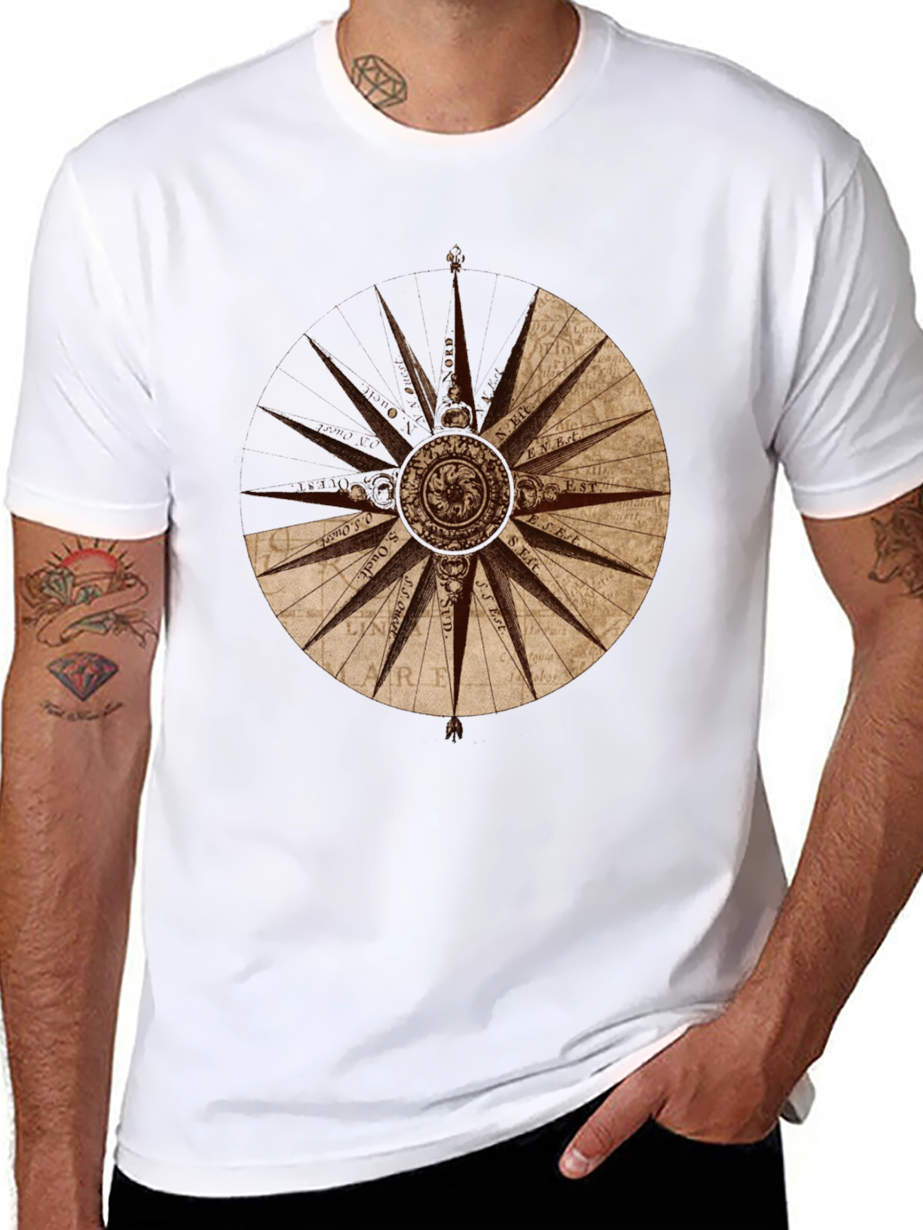 Nautical Compass Rose Graphic Tee - Black Cotton