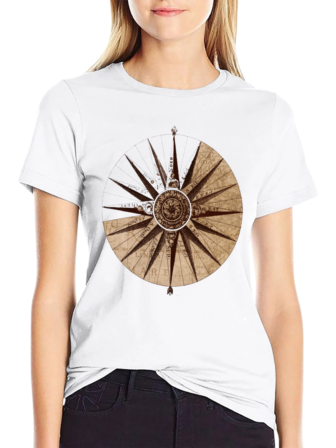 Nautical Compass Rose Graphic Tee - Black Cotton