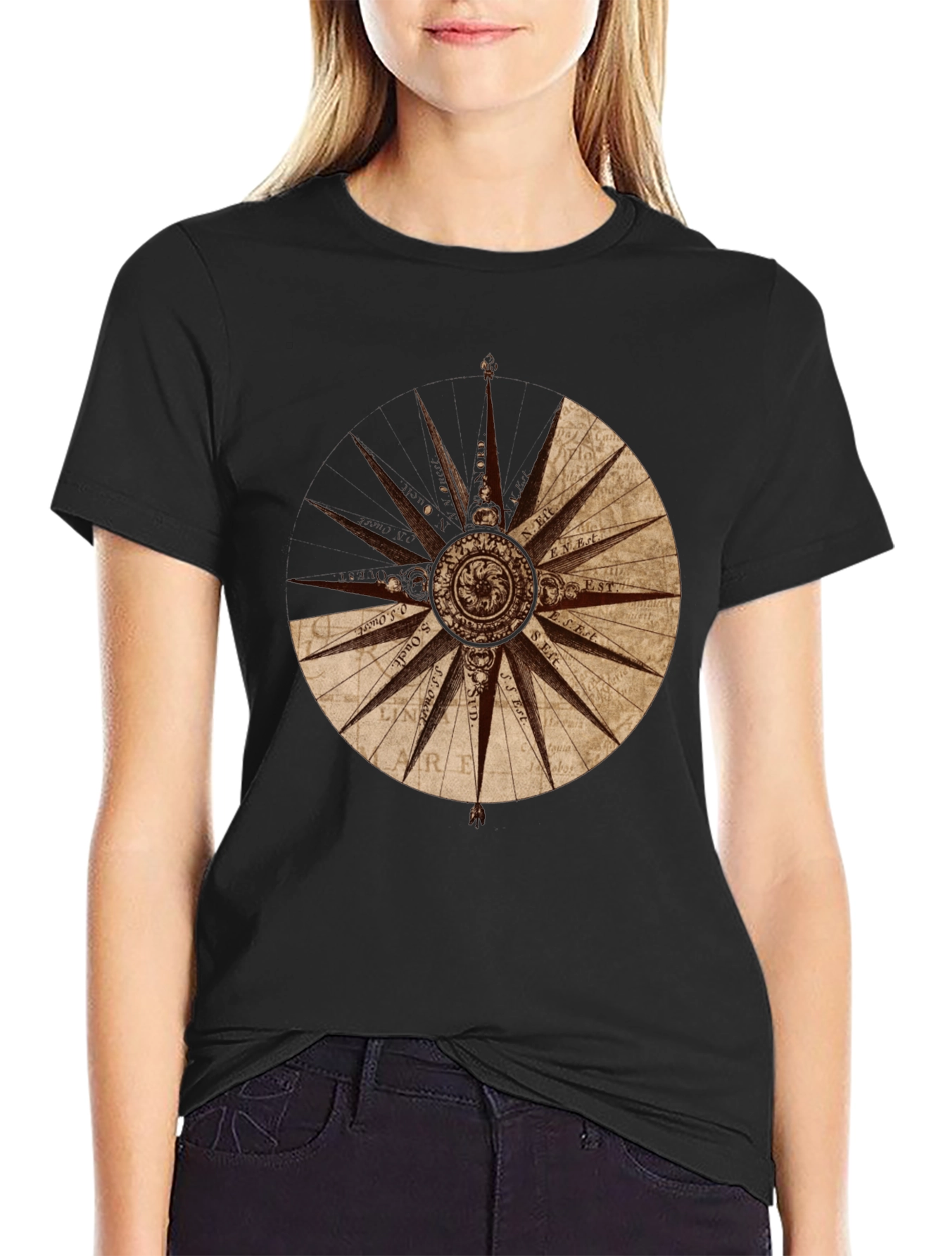 Nautical Compass Rose Graphic Tee - Black Cotton