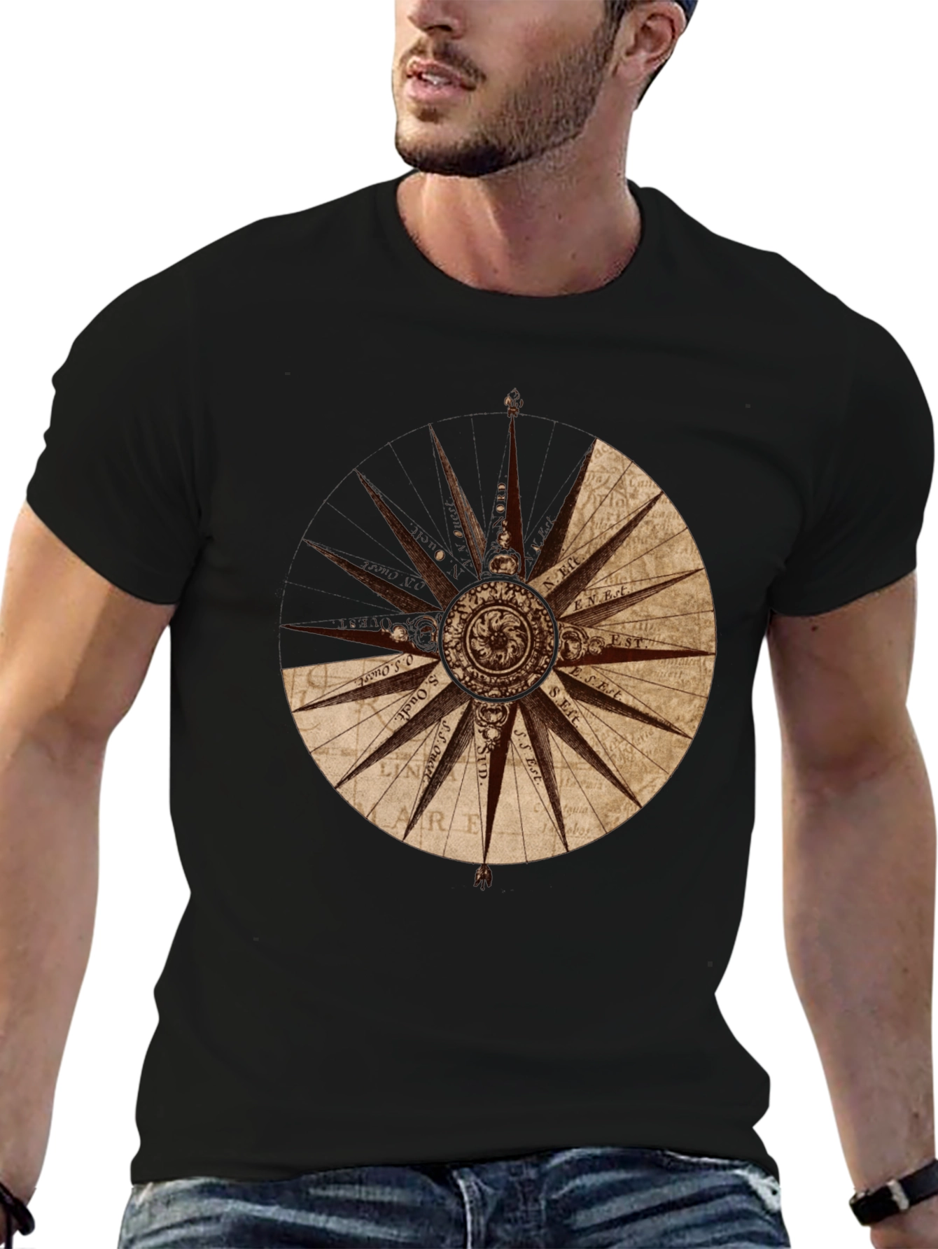 Nautical Compass Rose Graphic Tee - Black Cotton