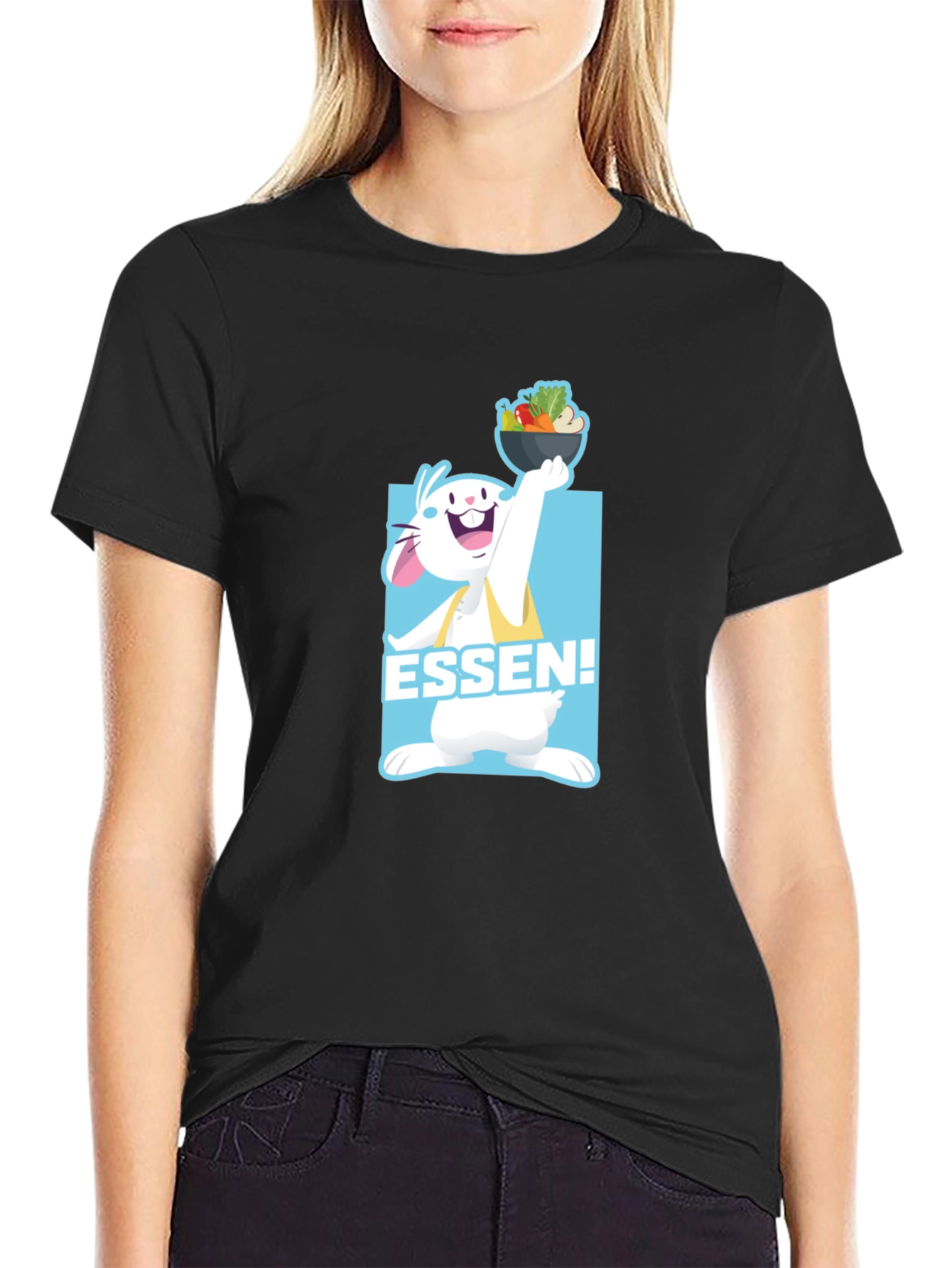 Essen! Cartoon Rabbit Black T-Shirt