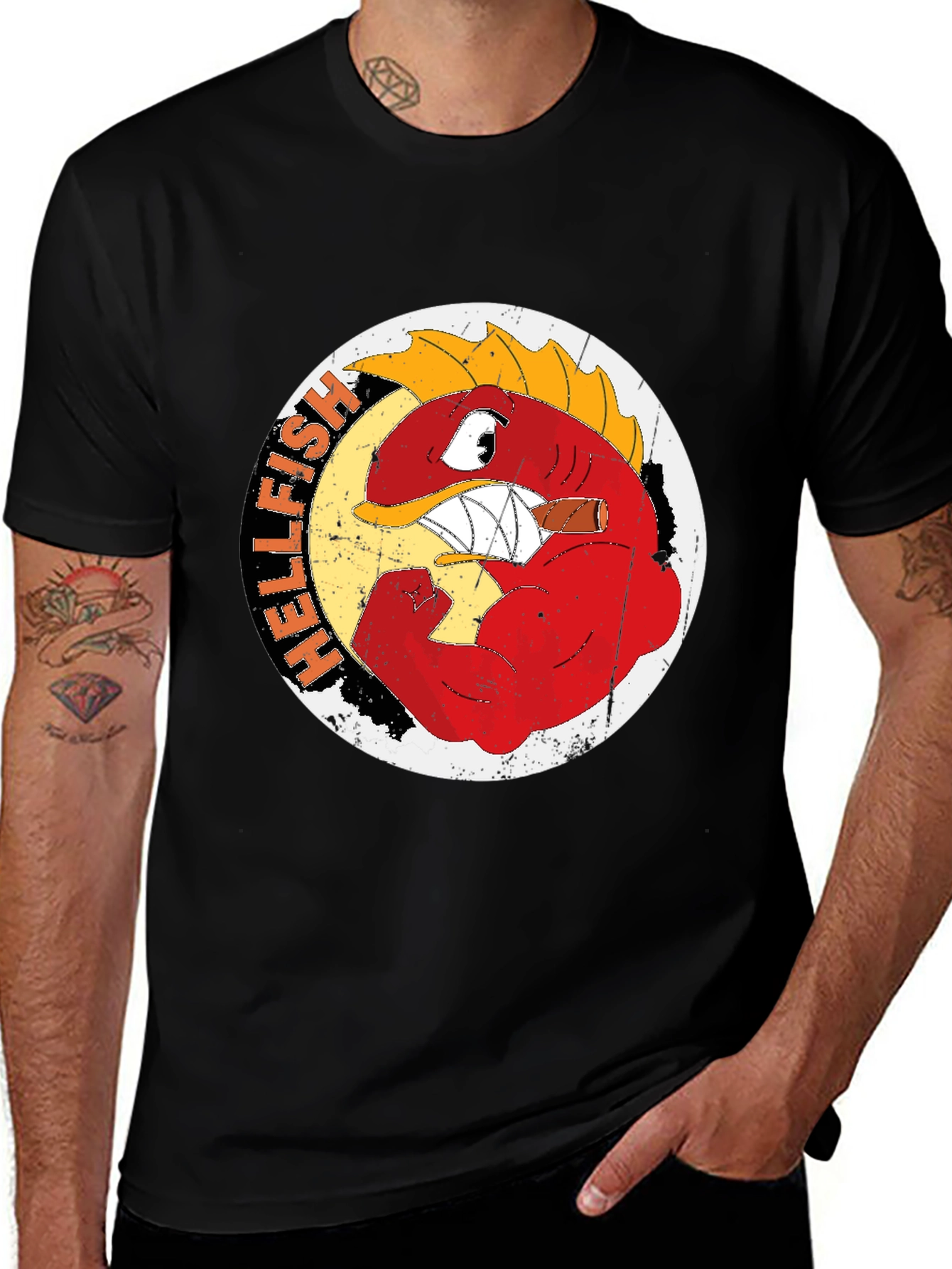 Hellfish Cartoon Graphic Print Crew Neck T-Shirt