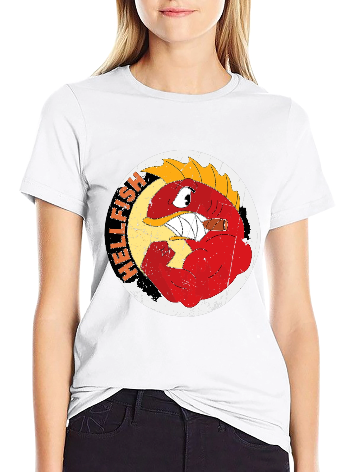 Hellfish Cartoon Graphic Print Crew Neck T-Shirt