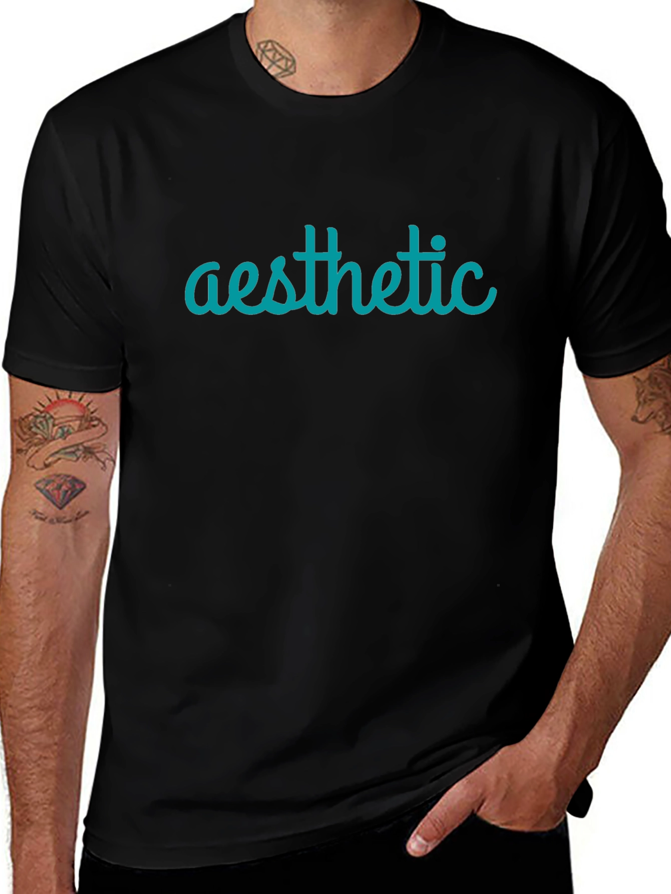 Aesthetic Teal Graphic Print Black T-Shirt