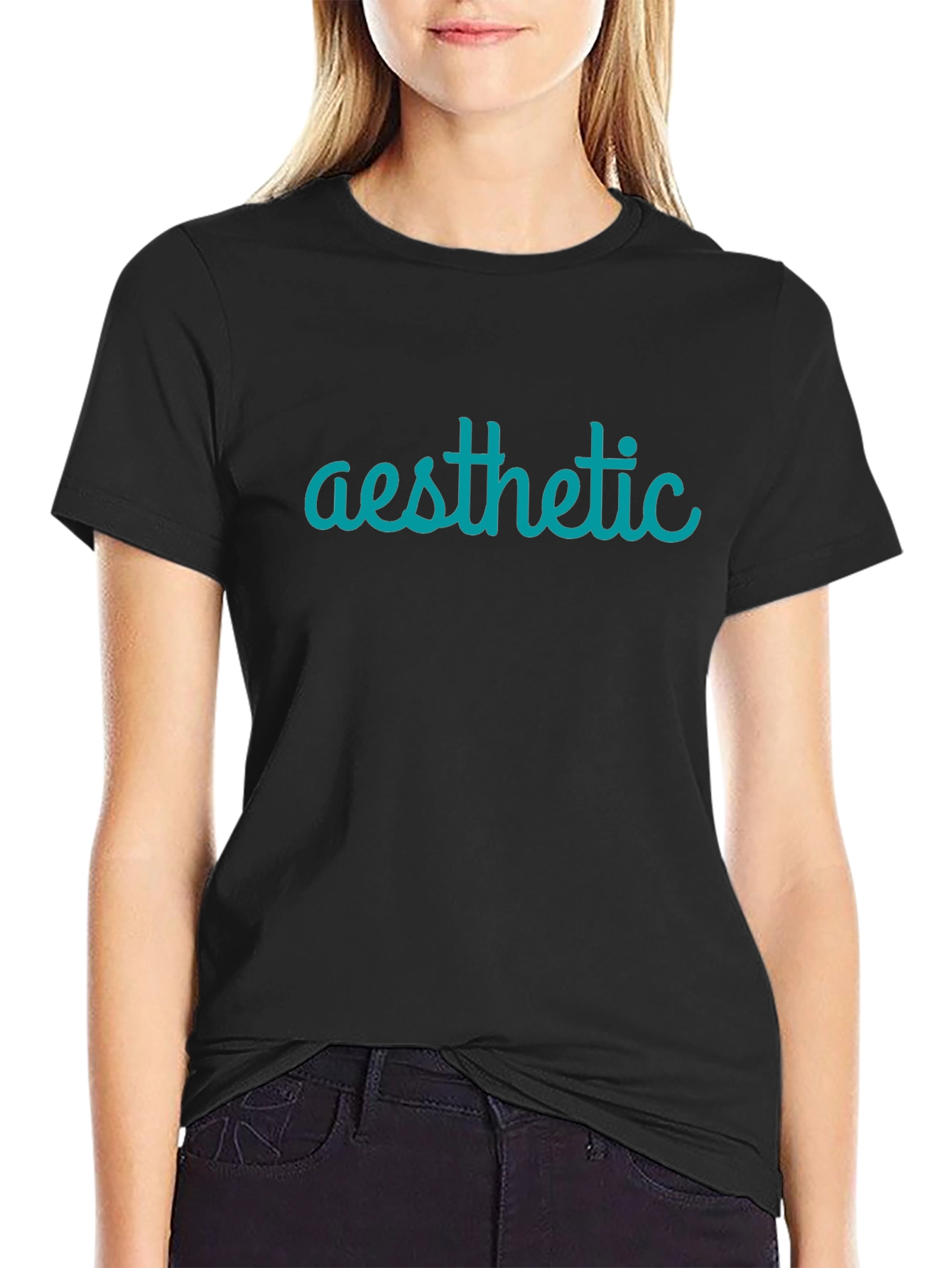 Aesthetic Teal Graphic Print Black T-Shirt
