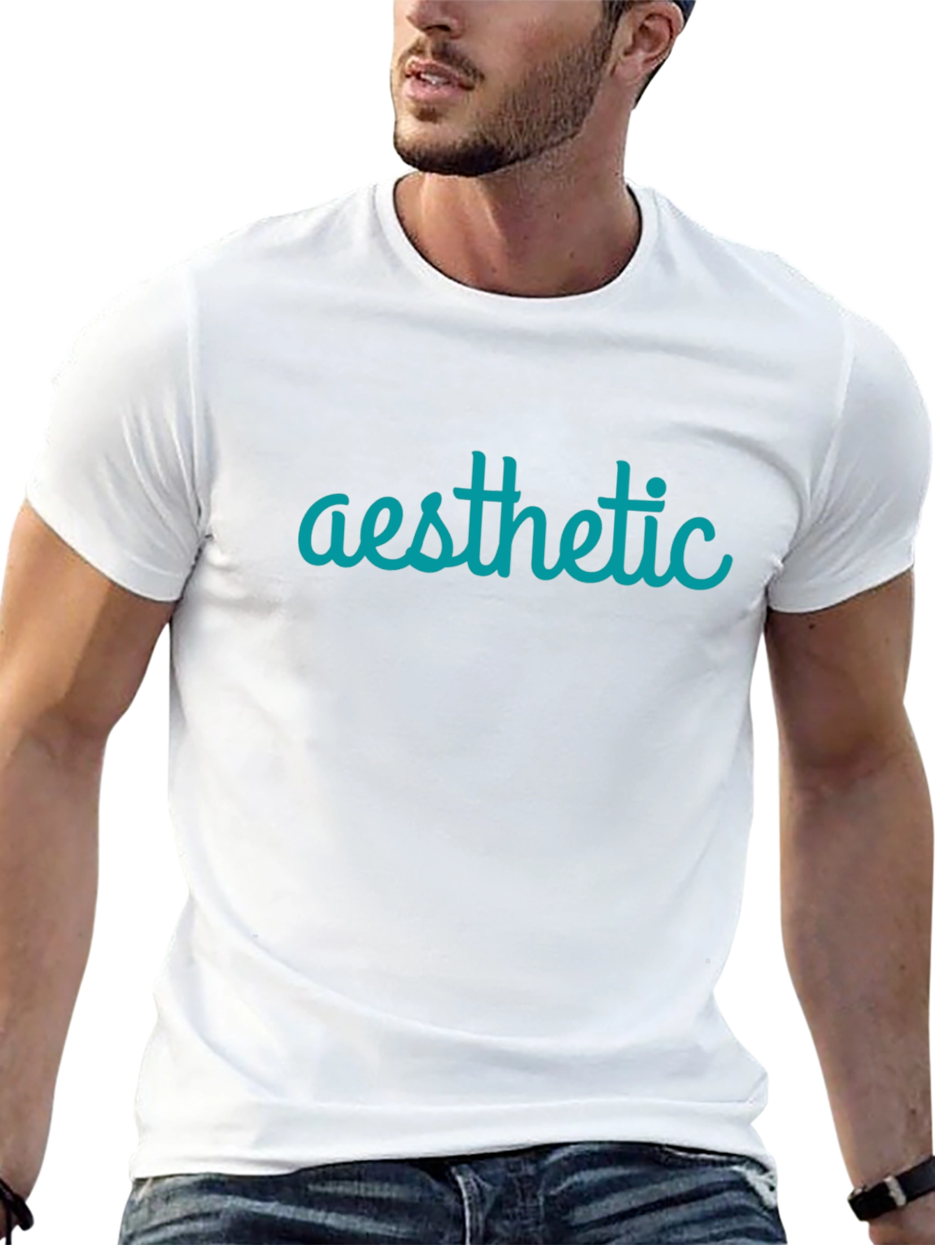 Aesthetic Teal Graphic Print Black T-Shirt