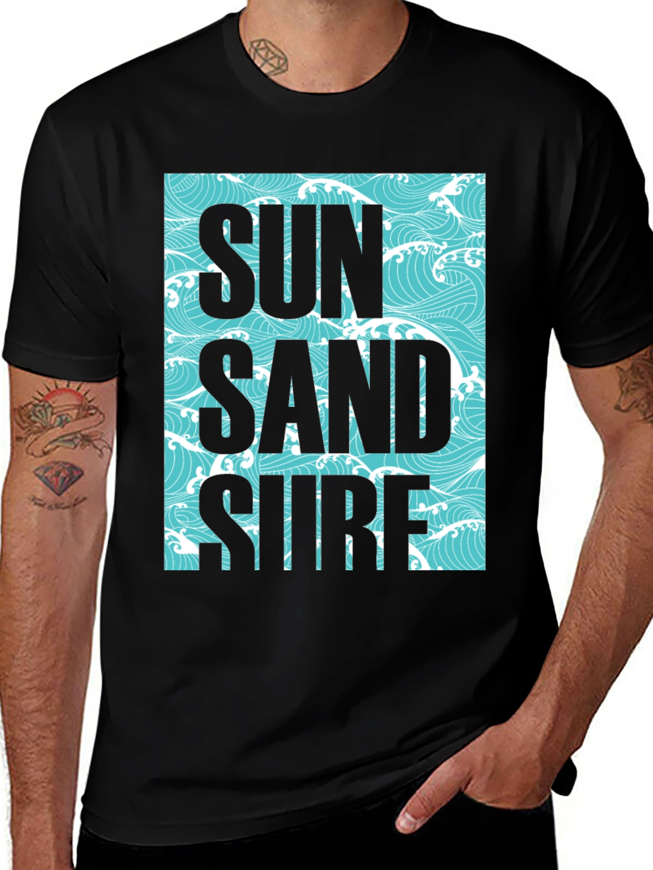 Sun Sand Surf Graphic Tee - Black Cotton T-Shirt
