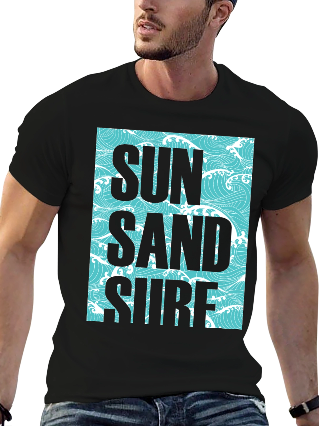Sun Sand Surf Graphic Tee - Black Cotton T-Shirt