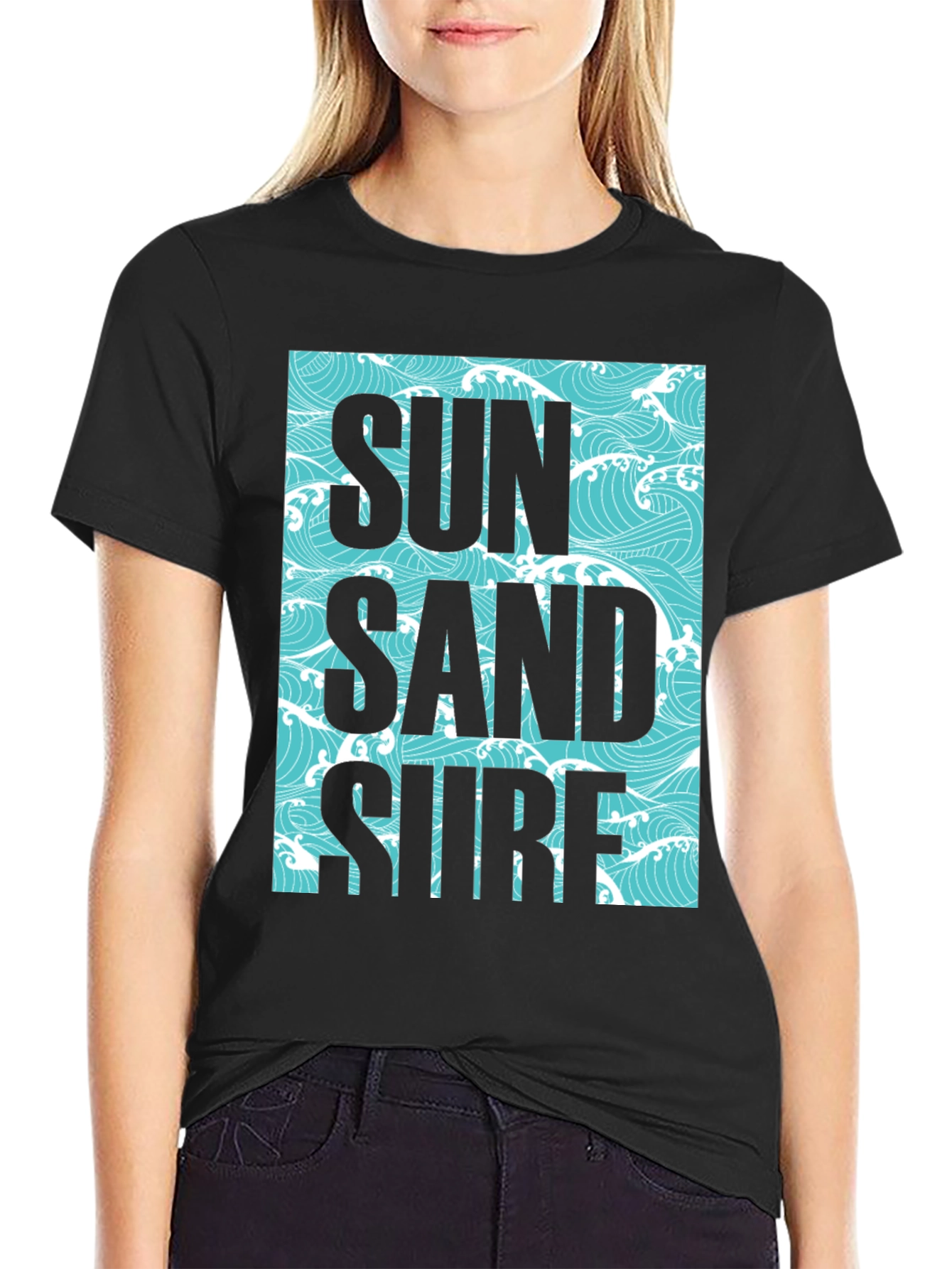Sun Sand Surf Graphic Tee - Black Cotton T-Shirt