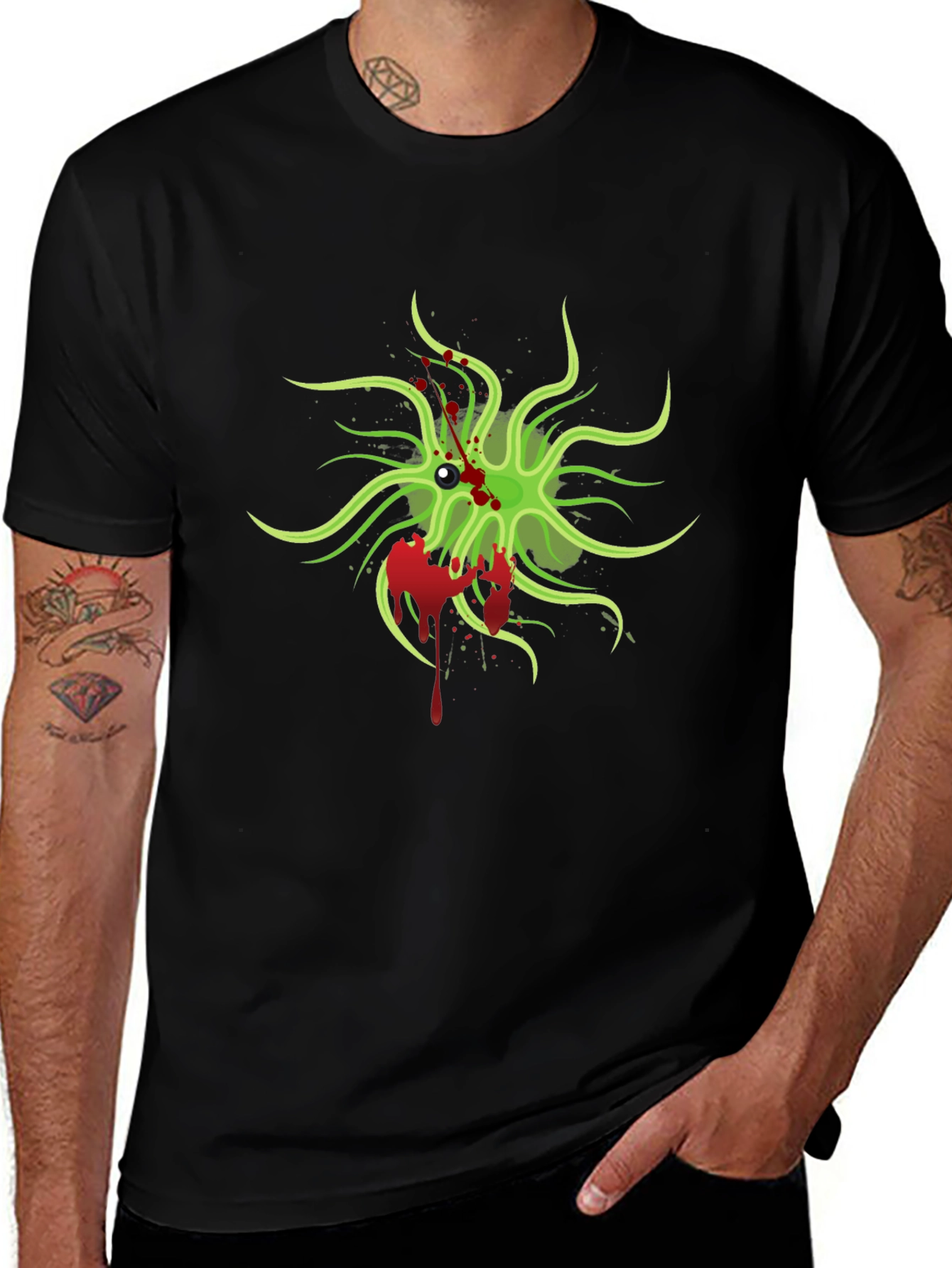 Mens Black T-Shirt with Green Monster Graphic