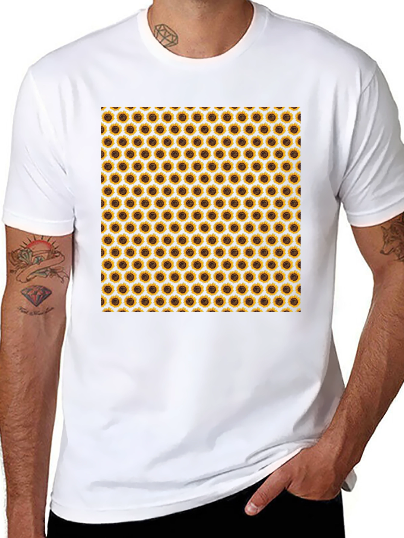 Sunflower Pattern Black T-Shirt