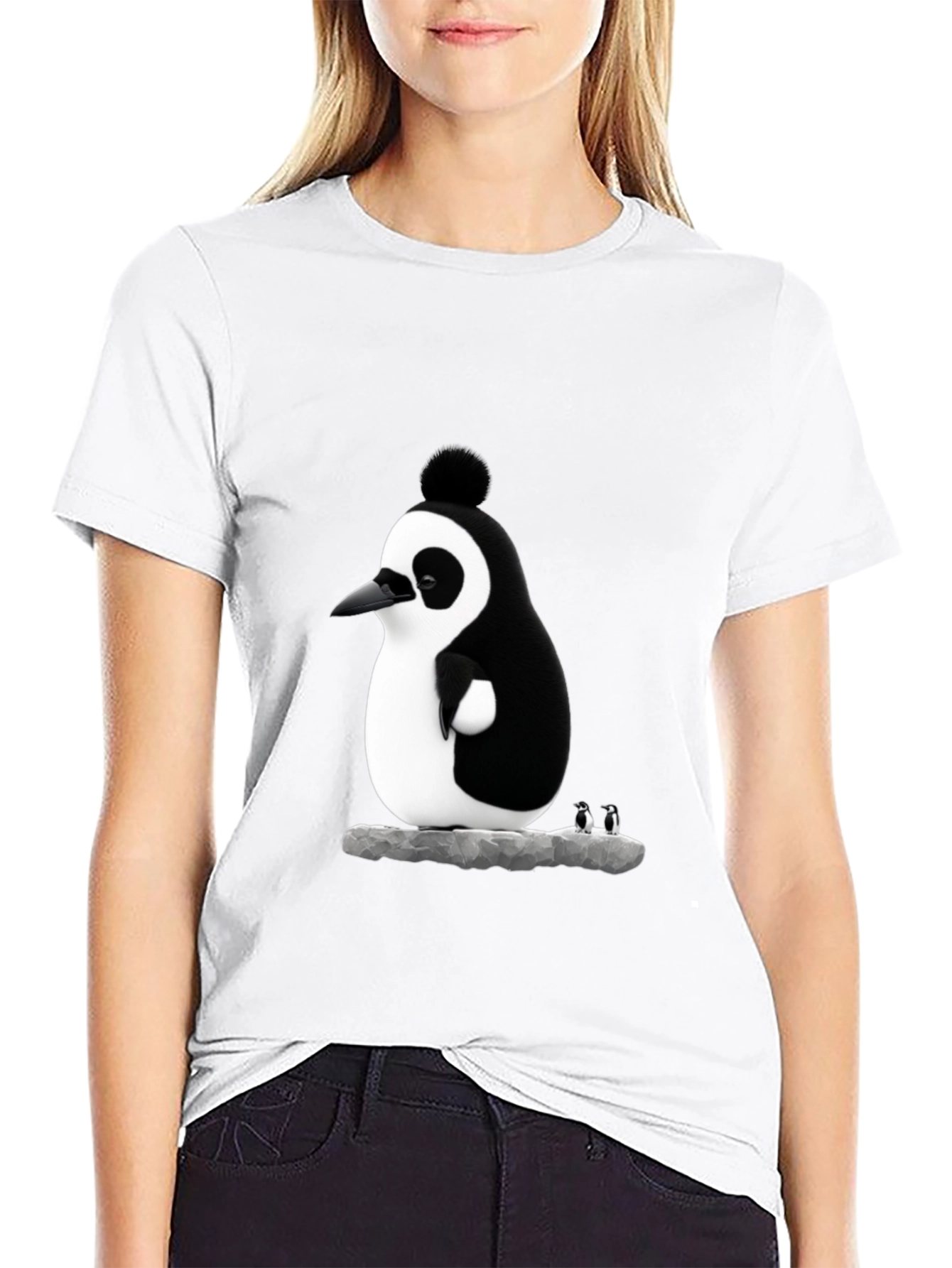 Whimsical Penguin Graphic Tee - Black Cotton Blend