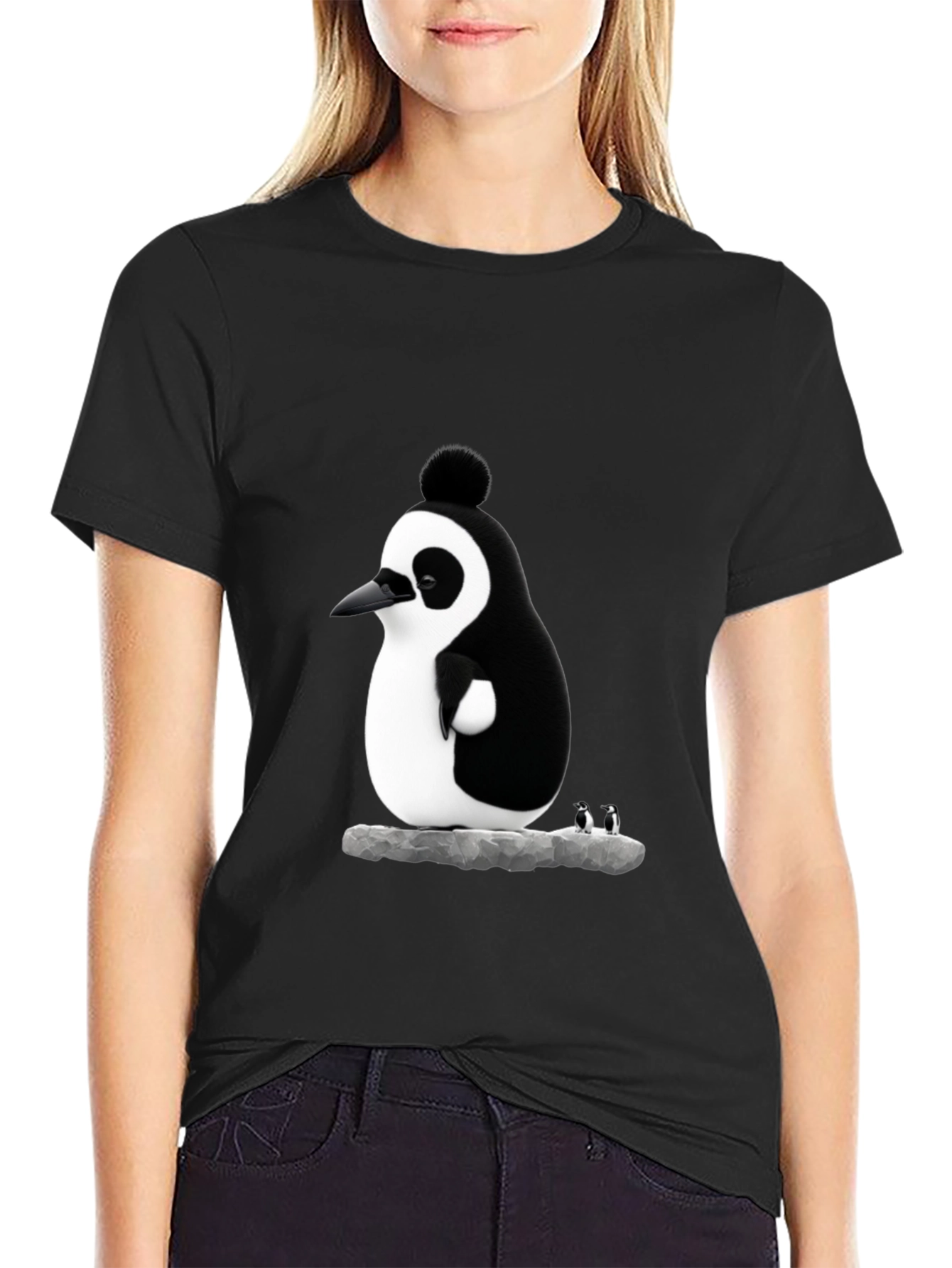 Whimsical Penguin Graphic Tee - Black Cotton Blend