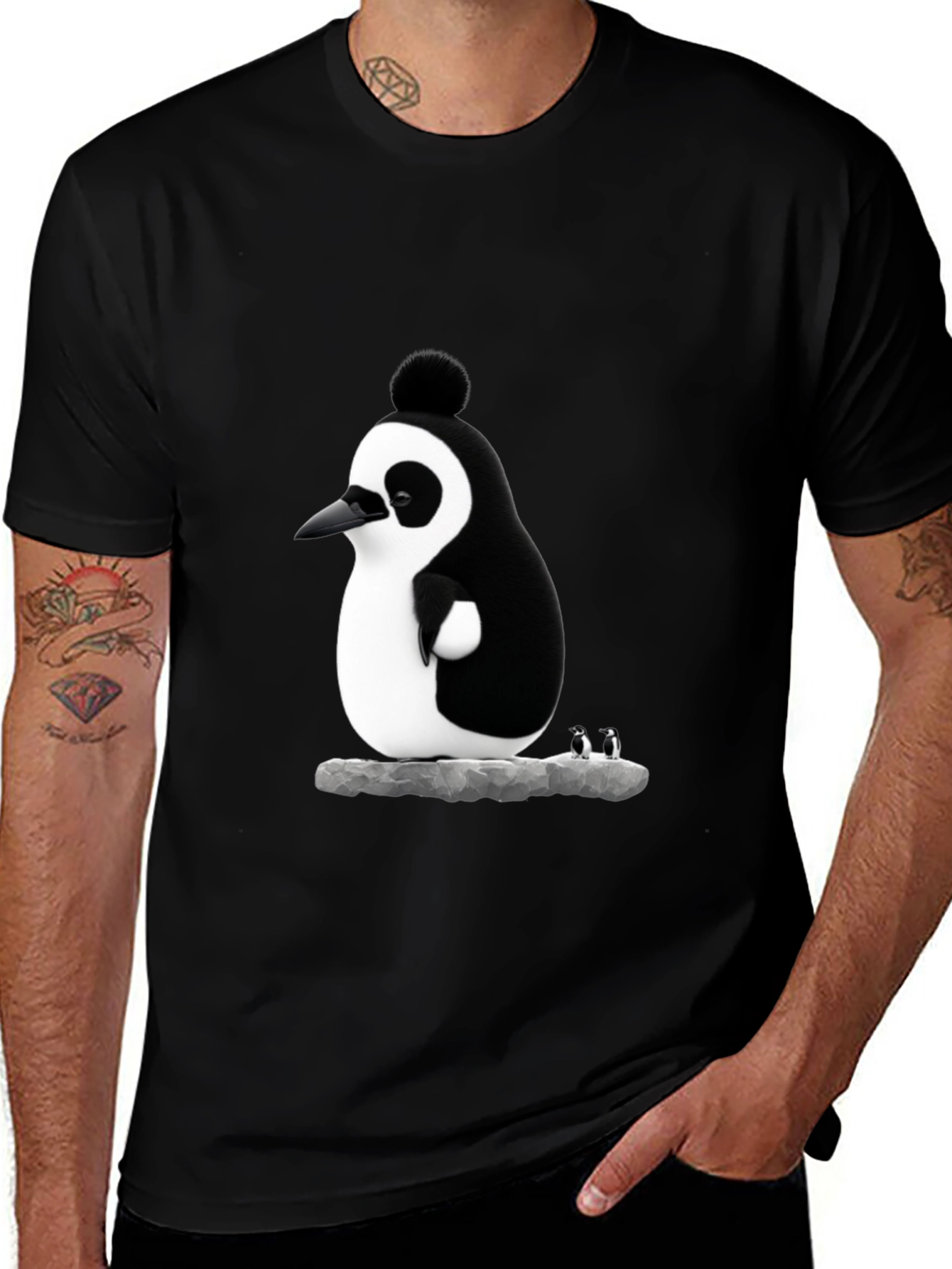 Whimsical Penguin Graphic Tee - Black Cotton Blend