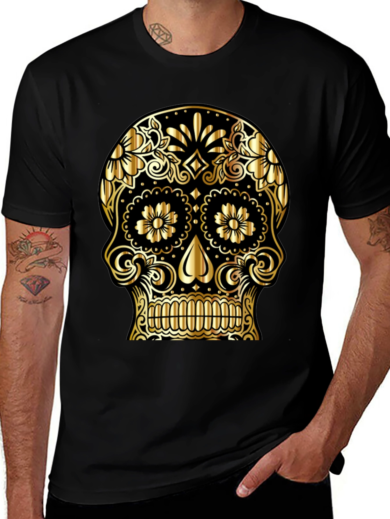 Gold Sugar Skull Graphic Black T-Shirt