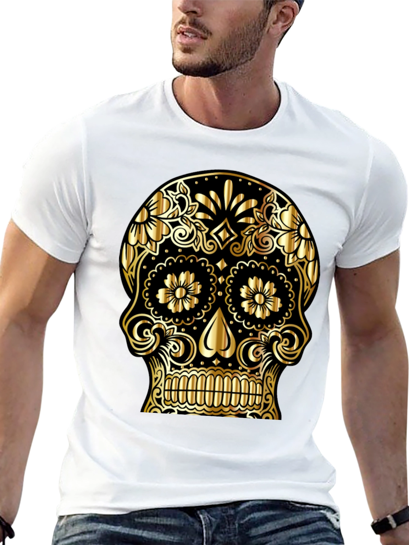 Gold Sugar Skull Graphic Black T-Shirt