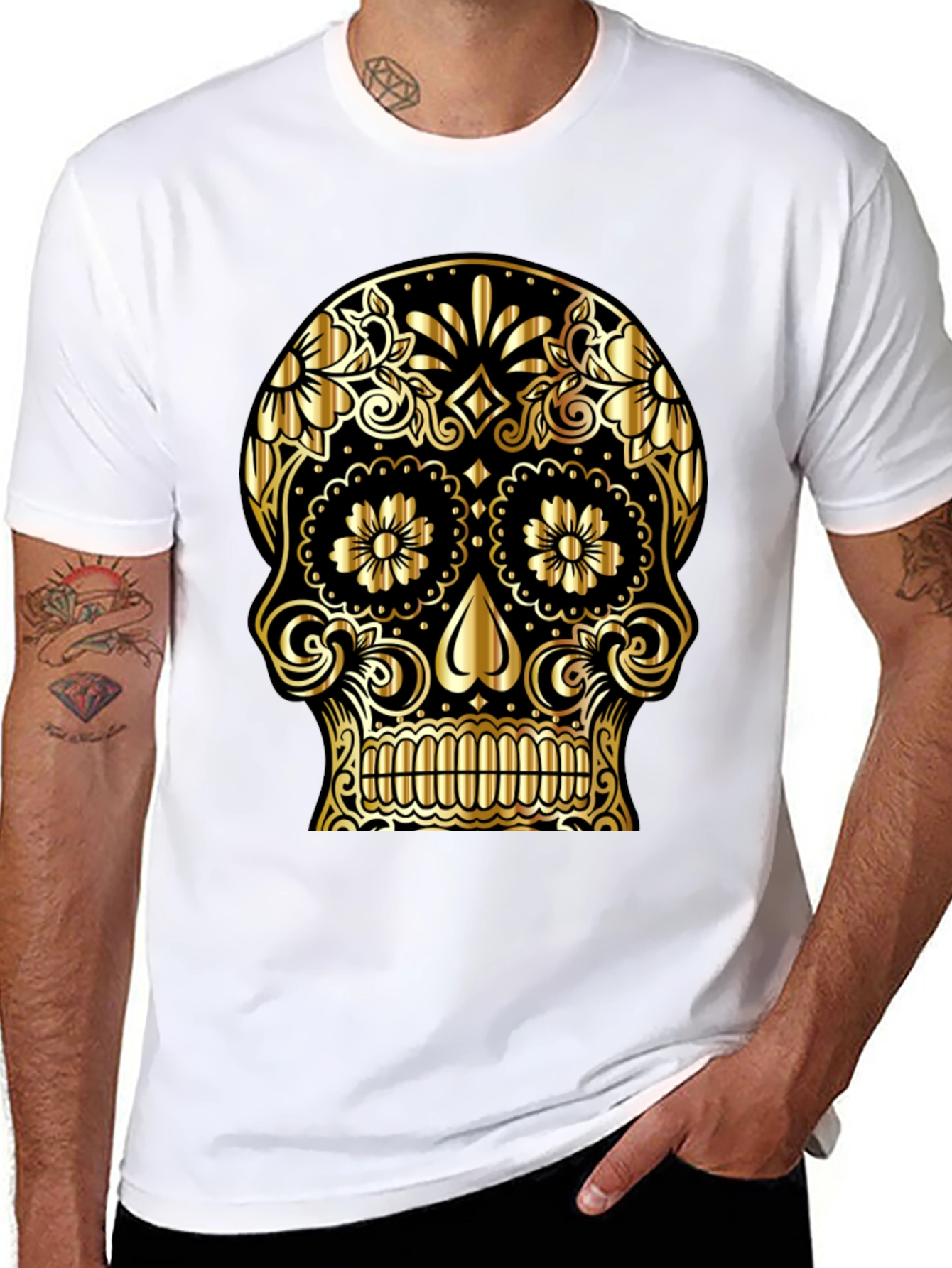 Gold Sugar Skull Graphic Black T-Shirt