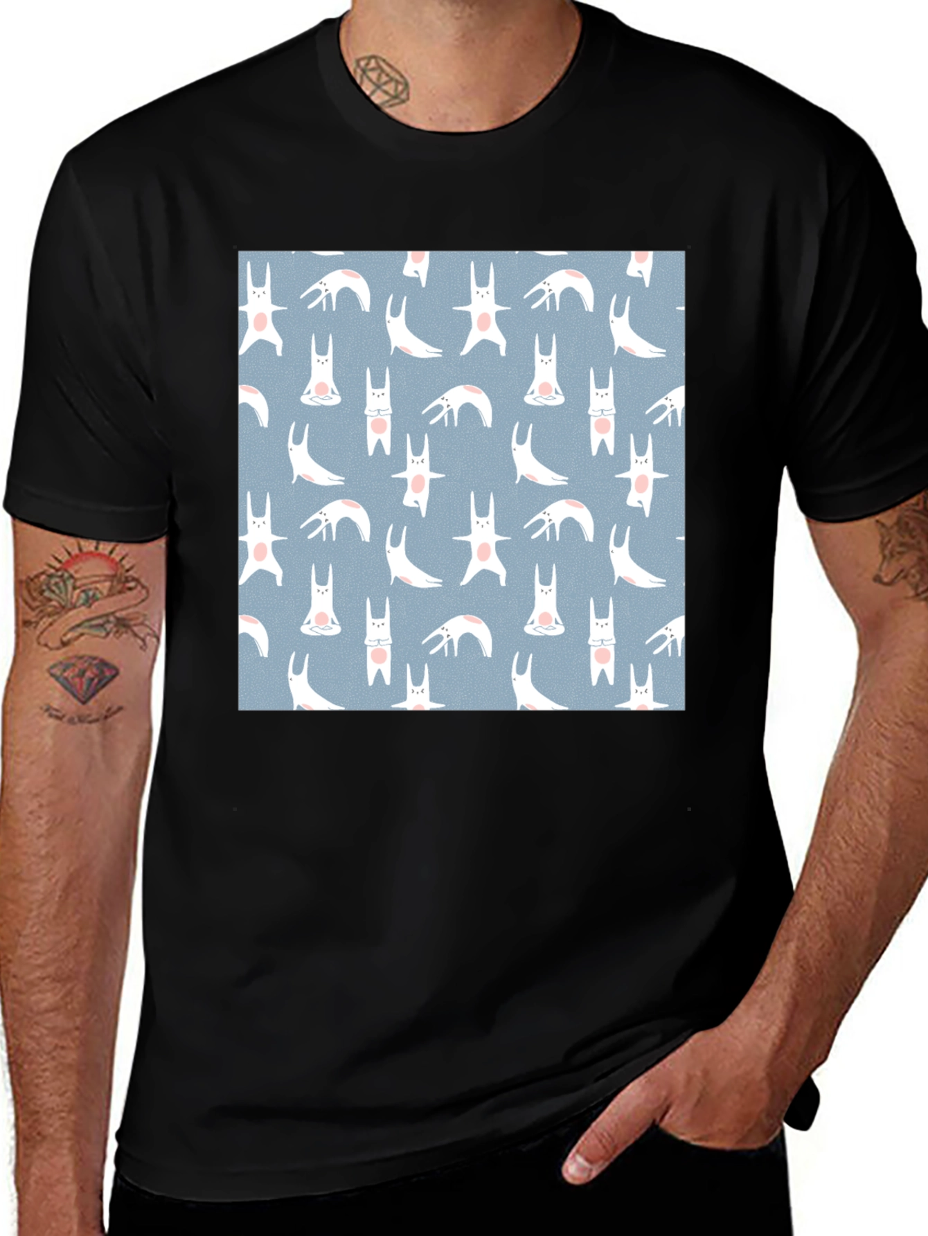 Black Tee with Bunny Yoga Pattern