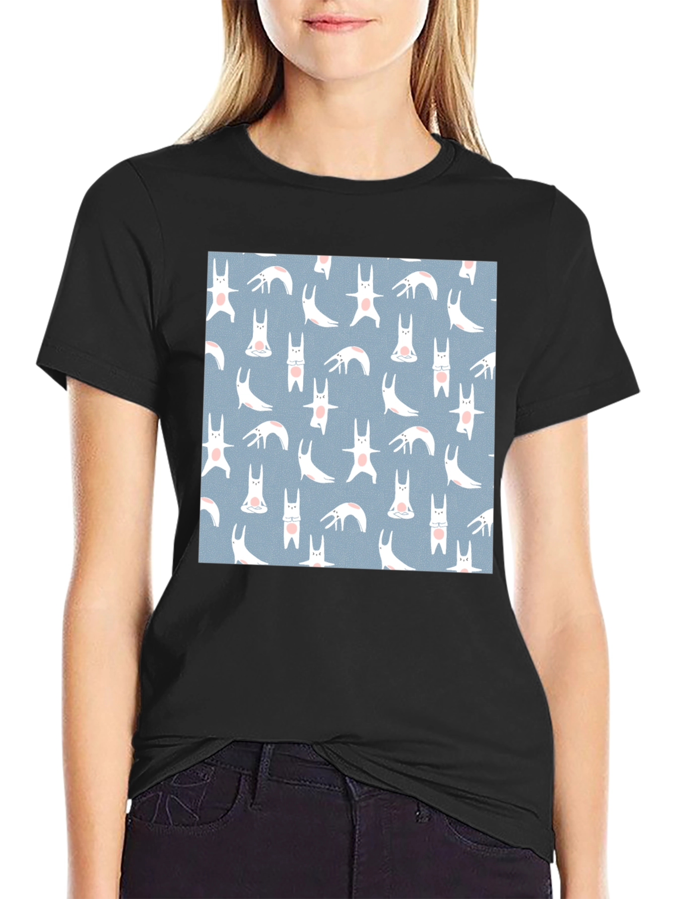 Black Tee with Bunny Yoga Pattern